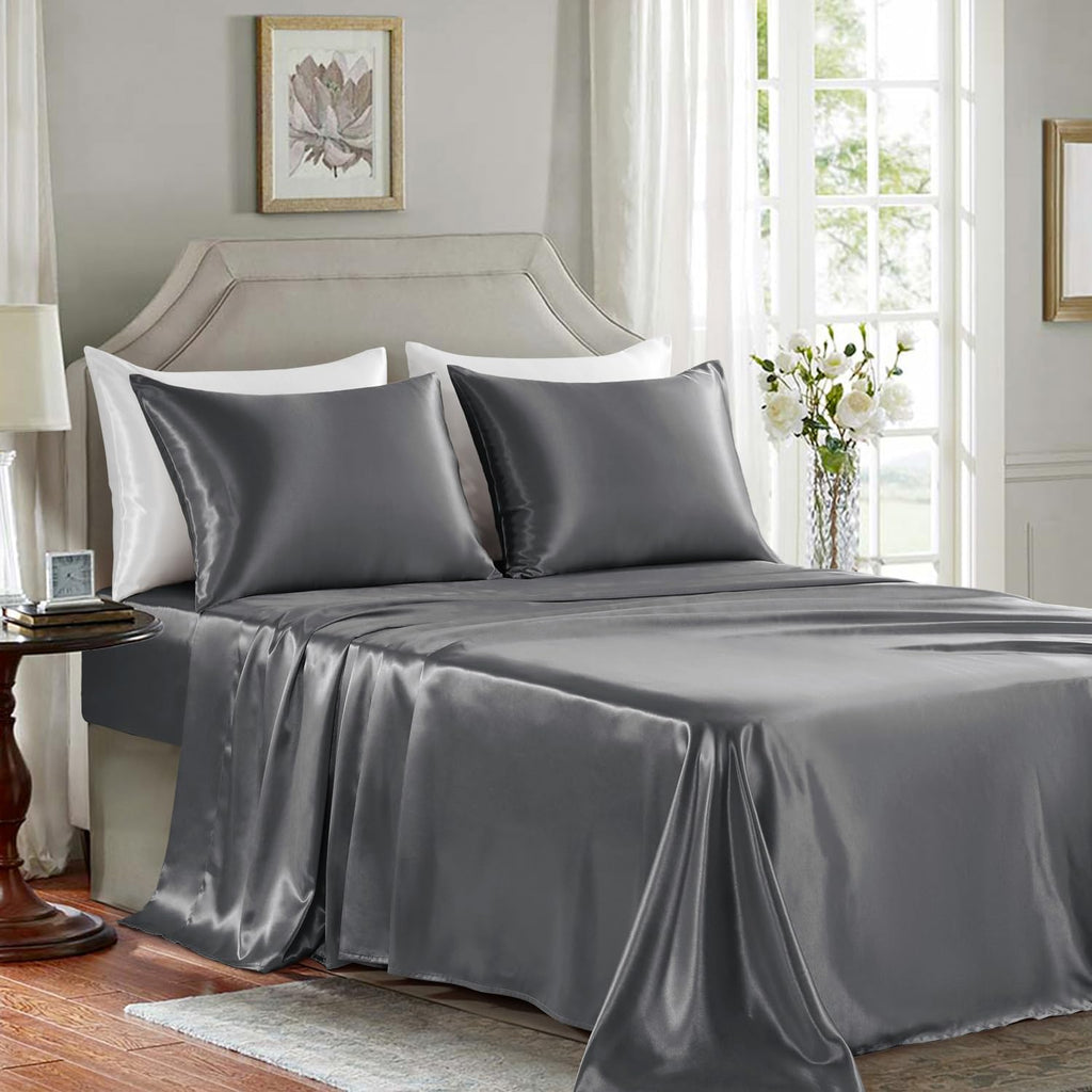 Golal Satin Sheets Queen Size - 4 Pieces Luxury Silky Soft Bed Sheets, Wrinkle-Free Dark Grey Satin Silk Sheet Set with 1 Deep Pocket Fitte…