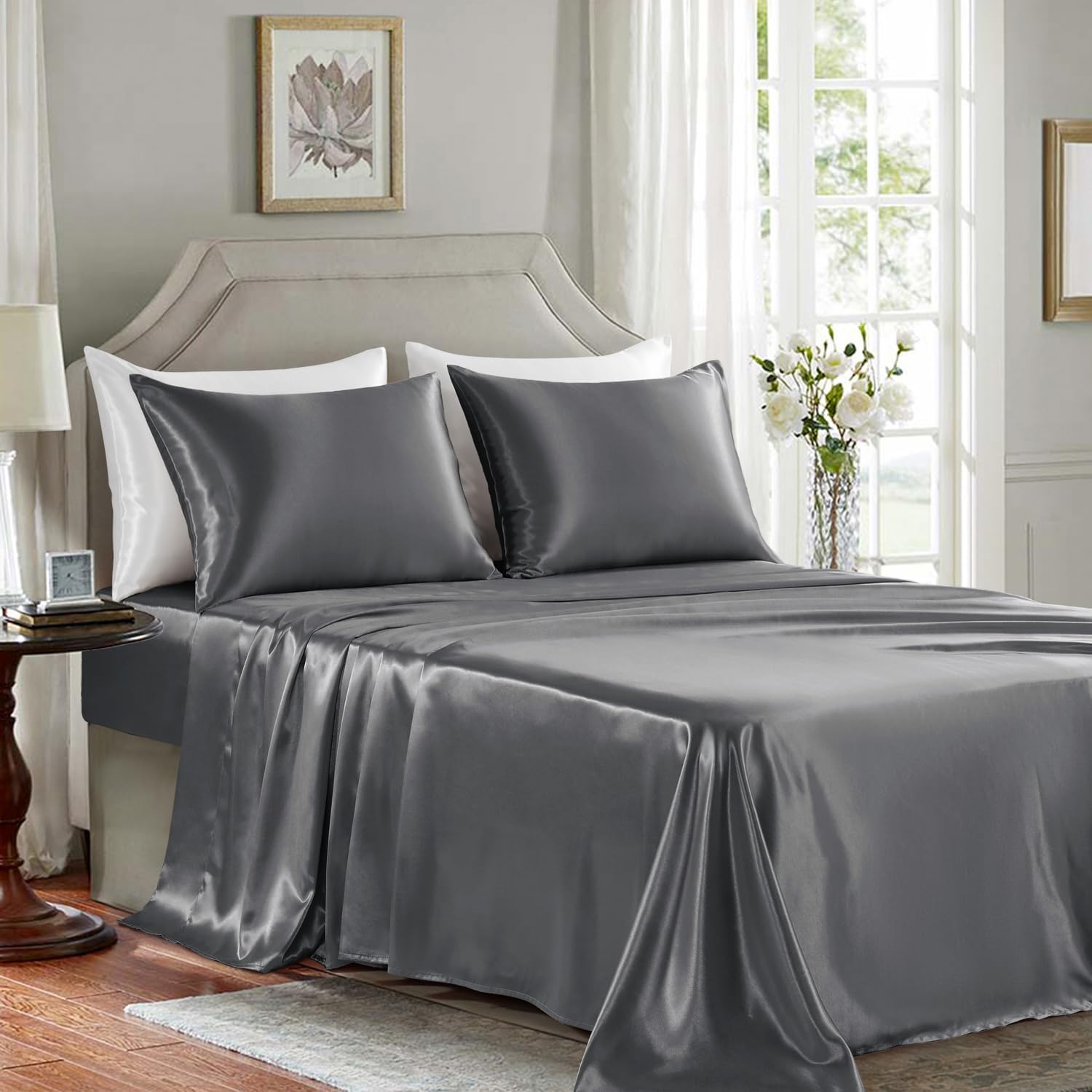 Golal Satin Sheets Full Size - 4 Pieces Luxury Silky Soft Bed Sheets, Wrinkle-Free Dark Grey Satin Silk Sheet Set with 1 Deep Pocket Fitted…