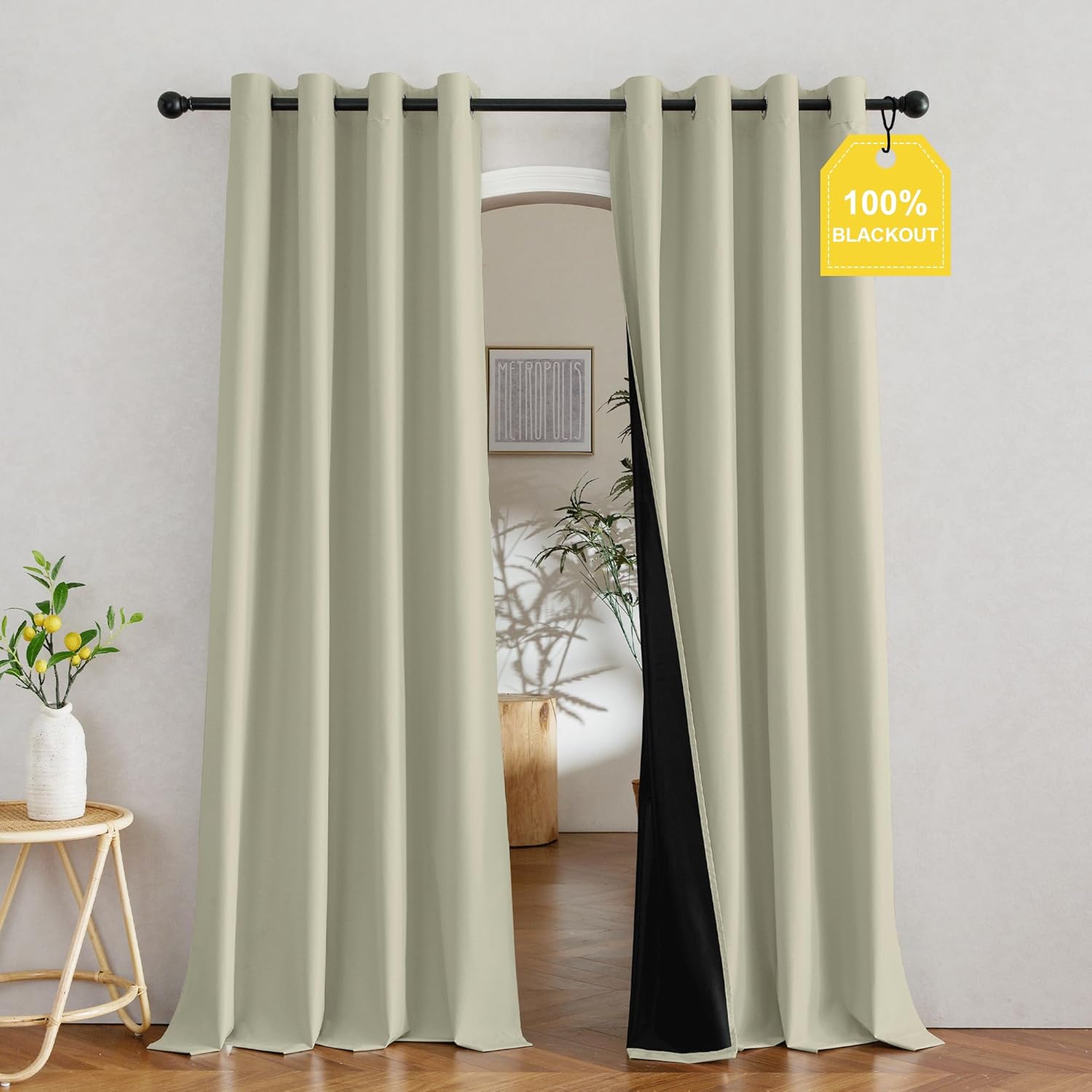 Nicetown 100% Blackout Muted Beige Curtains 84 inches Long, Grommet Energy Saving Thermal Insulated Window Treatments Lightweight for Bedro…