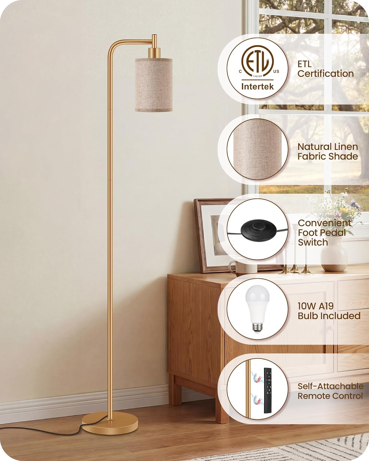 Dimmable Floor Lamp for Living Room with Remote and Foot Switch, Modern Standing, Corner Lamp,10W Bulb 3 Color Temperatures, for Bedroom…