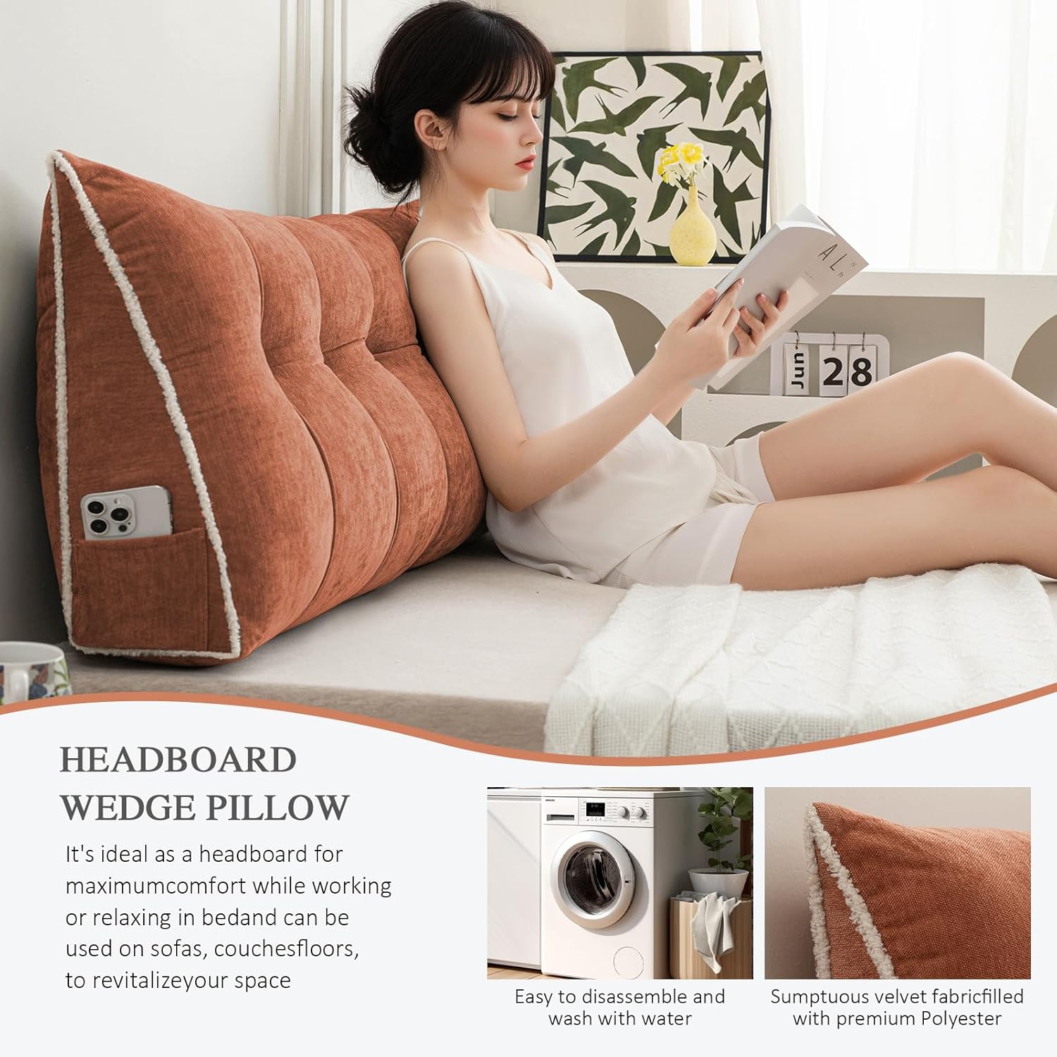 Foreate Headboard Pillow Queen, Chenille Triangular Wedge Pillow Headboard Queen Size, Reading Setting Backrest Daybed Pillows for Sofa…