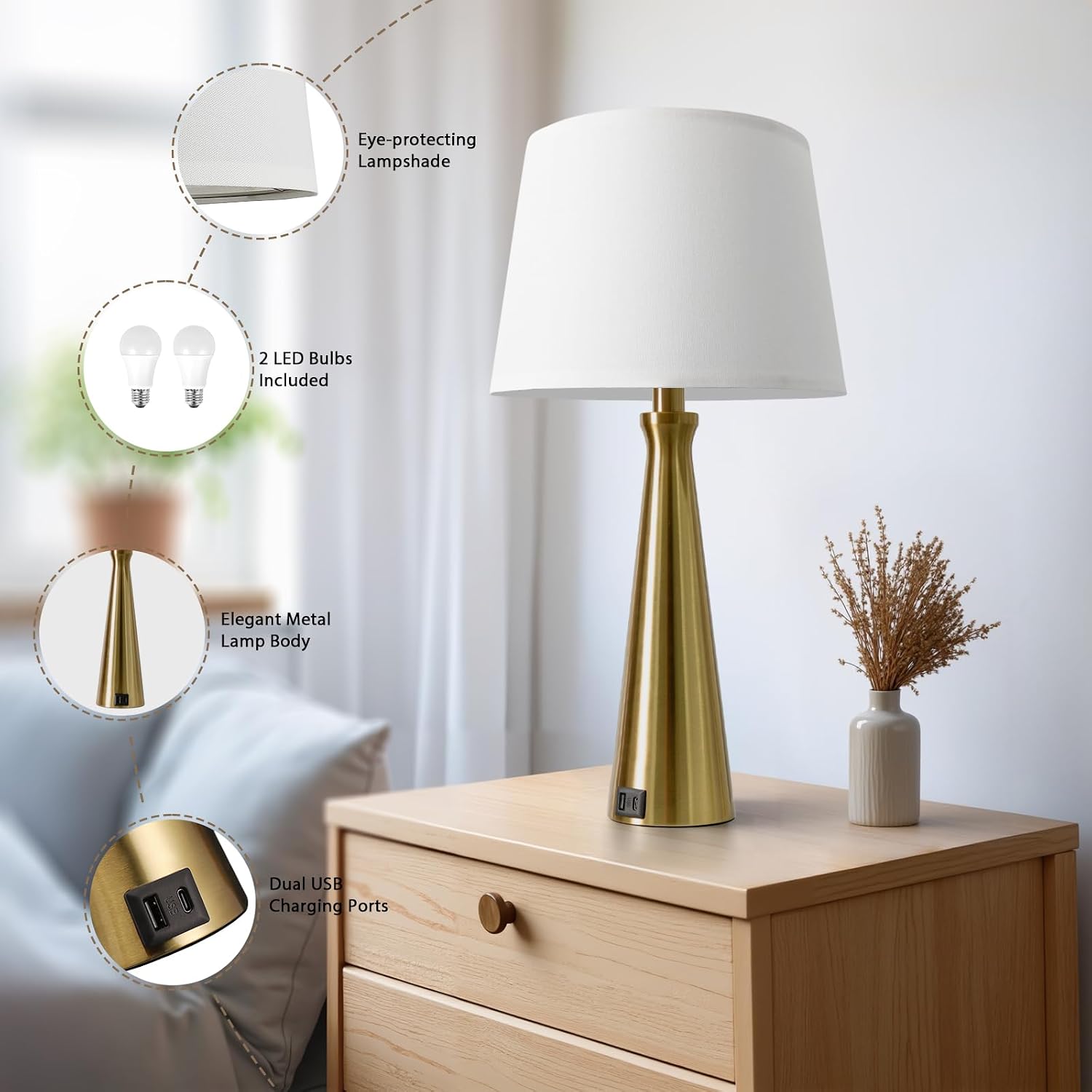Seealle Modern Table Lamps Set of 2 - Touch Bedside Lamps for Nightstand with Dual USB C+A,3-Way Dimmable Gold Nightstand Lamps for…