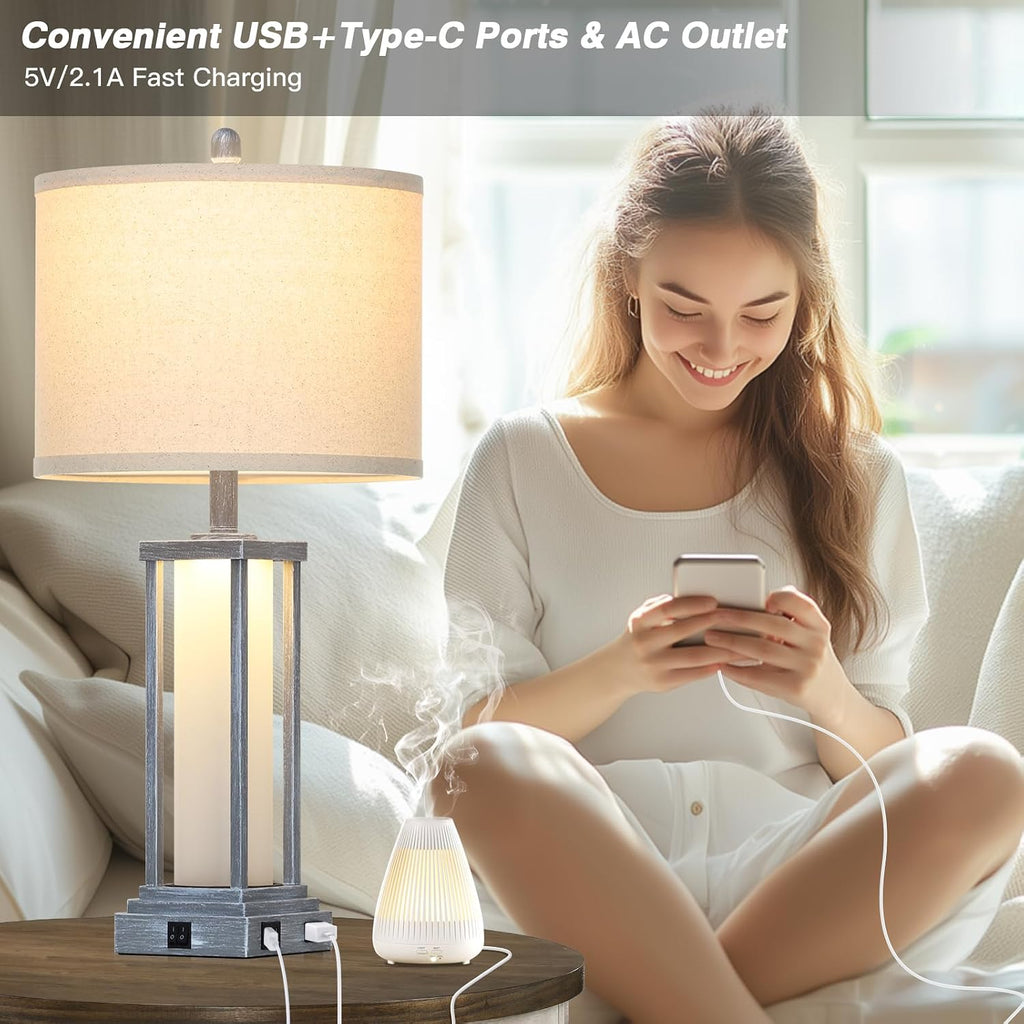 Cinkeda 27" Tall Vintage Table Lamp Set of 2 with USB C+A & Outlet, Gray Nightstand Lamp for Living Room, Retro Bedside Lamps with Frosted…