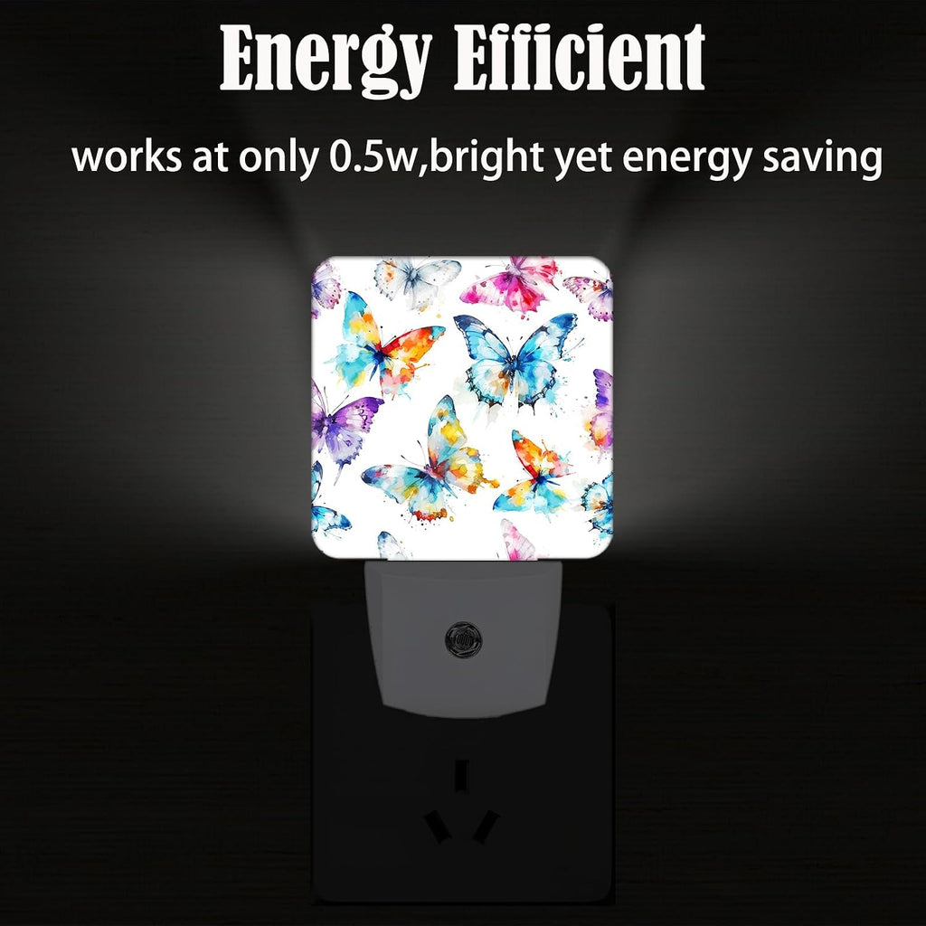 Watercolor Butterflies Night Light, Plug Into Wall for Boys Girls Bedroom Decorative Square Night Light Lamp 0.5w Sleep Friendly