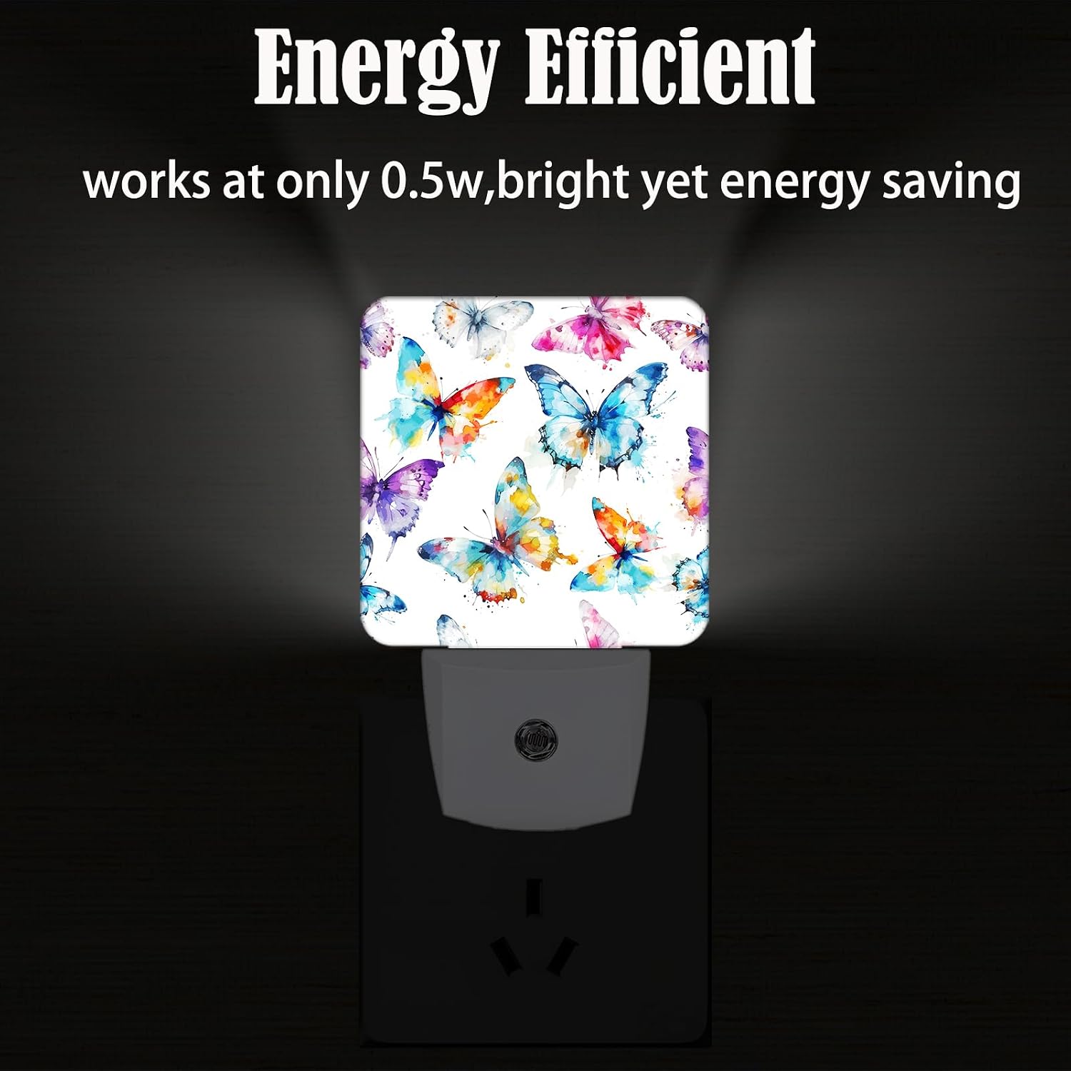 Watercolor Butterflies Night Light, Plug Into Wall for Boys Girls Bedroom Decorative Square Night Light Lamp 0.5w Sleep Friendly