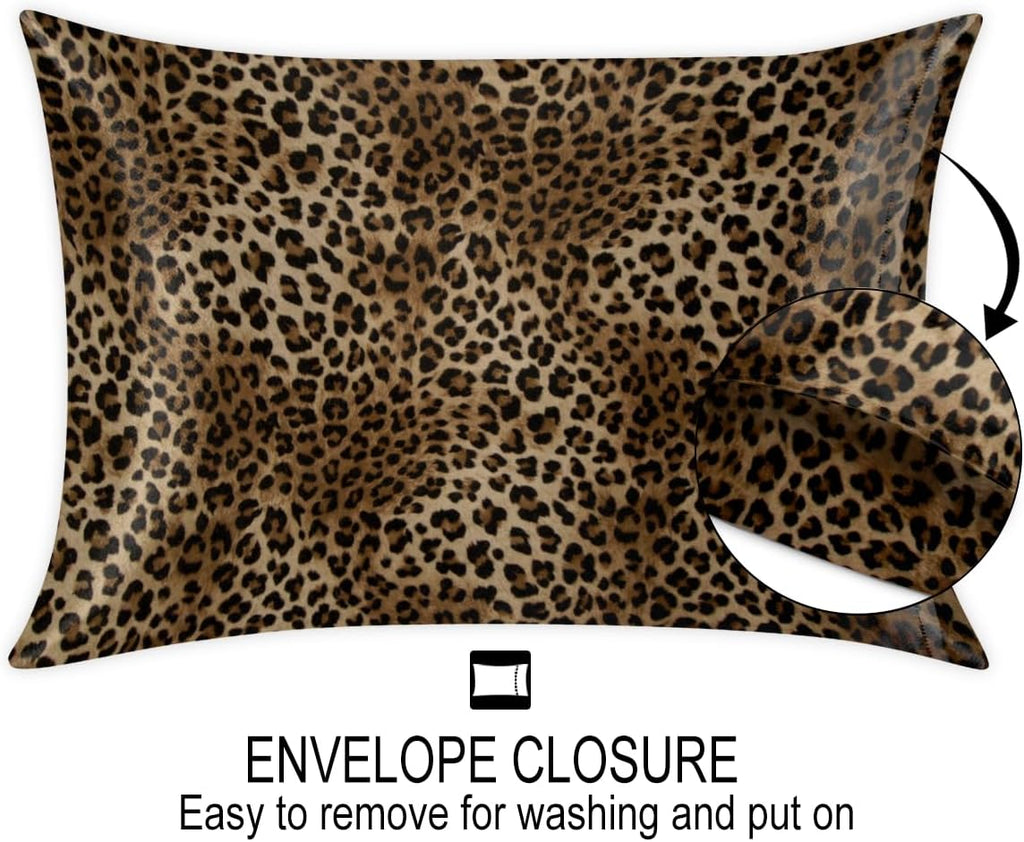 Fashion Leopard Cheetah Satin Silk Pillowcase for Hair and Skin Pillow Cases Standard Size Soft Silk Pillow Case with Envelope Closure…
