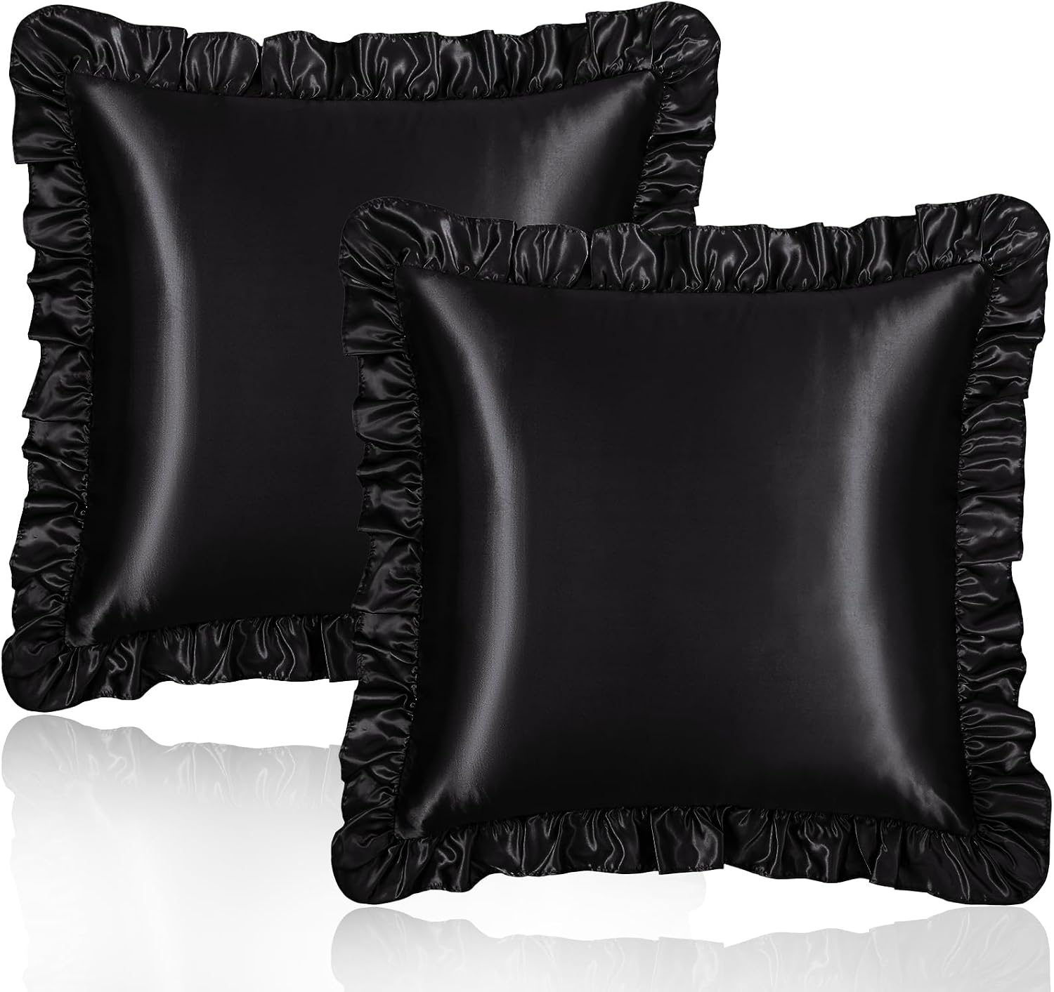 Homiest Ruffle Euro Sham Covers 26x26 Inch Set of 2, Black Satin Pillow Shams with 3 Inch Wide Decorative Ruffled, European Square Satin…