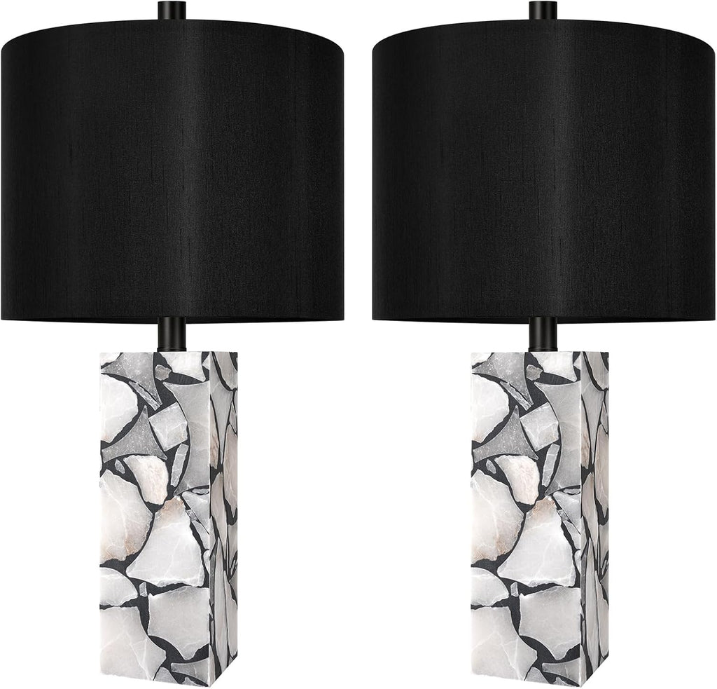 Scenekoy 23" Alabaster Table Lamps Set of 2 with Night Light for Living Room, Rotary Switch, Black Modern Table Lamp with Black Linen…