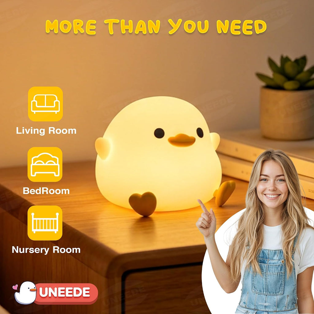 UNEEDE LED Cute Bean Duck Night Light, DoDo Duck Silicone Nursery Night Light Squishy Dimmable Rechargeable Table Bedside Lamp with Touch…