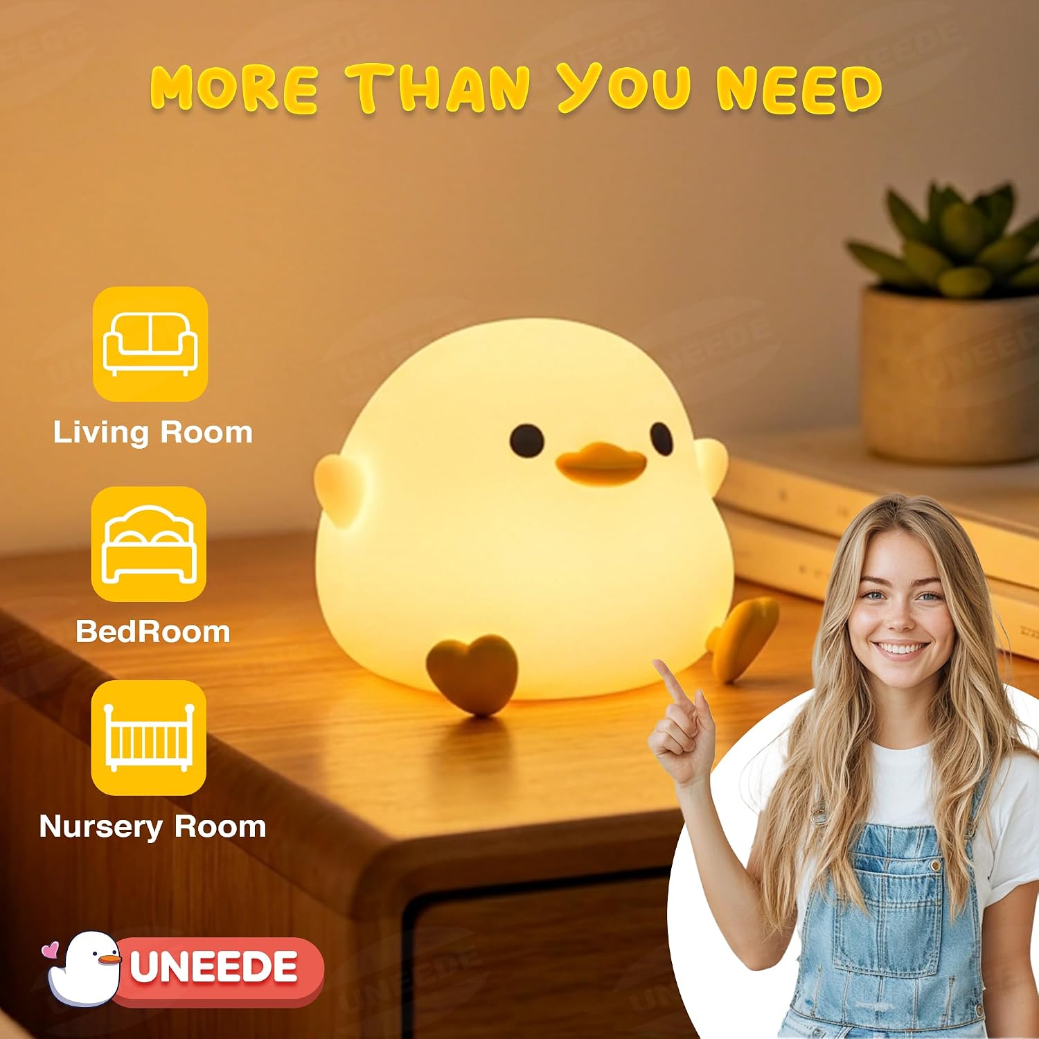 UNEEDE LED Cute Bean Duck Night Light, DoDo Duck Silicone Nursery Night Light Squishy Dimmable Rechargeable Table Bedside Lamp with Touch…