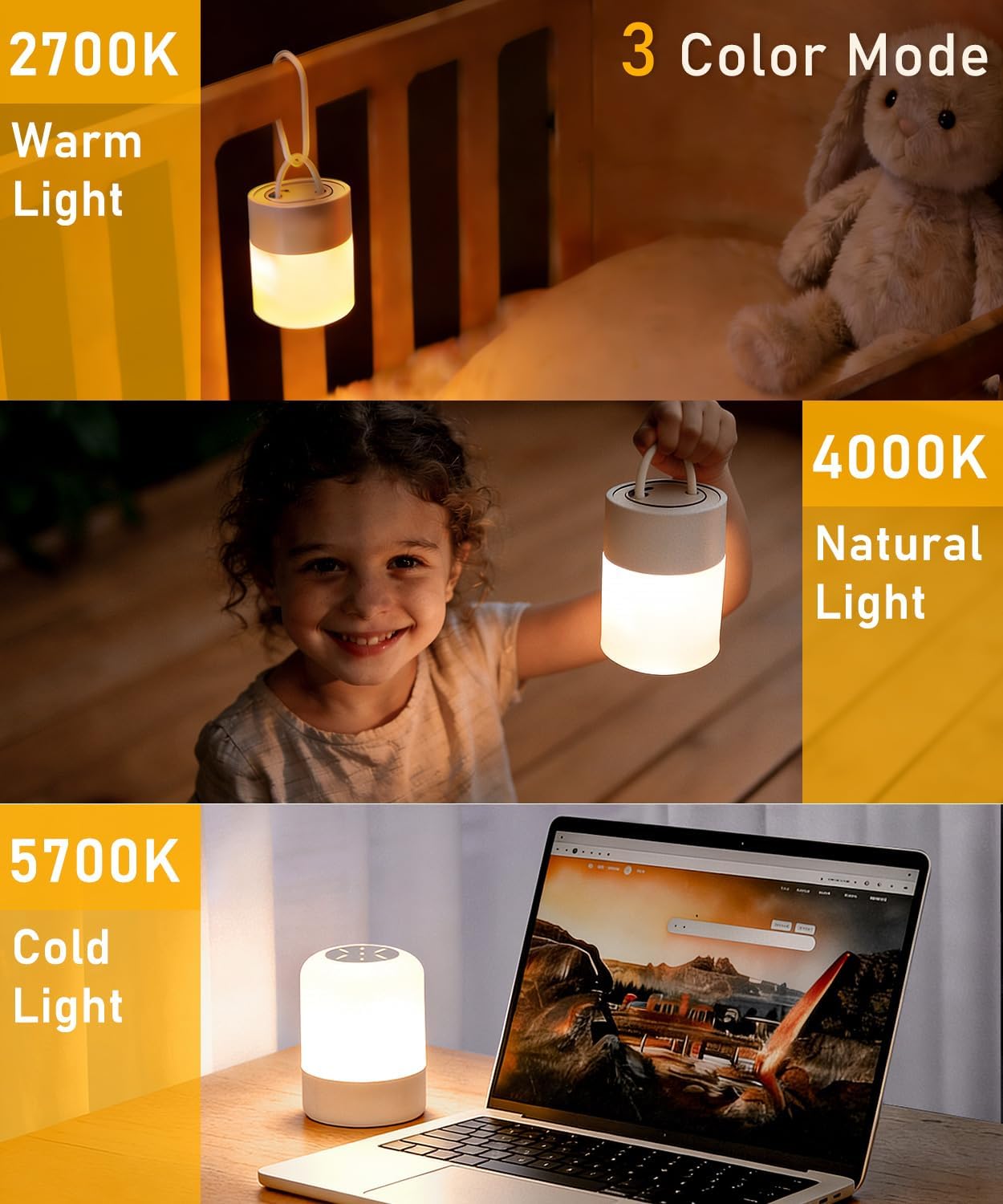 Portable Baby Night Light, Dimmable and 3 Light Color Touch Nursery Lamp, Soft Eye Caring, Rechargeable Cordless LED Night Light for Kids…