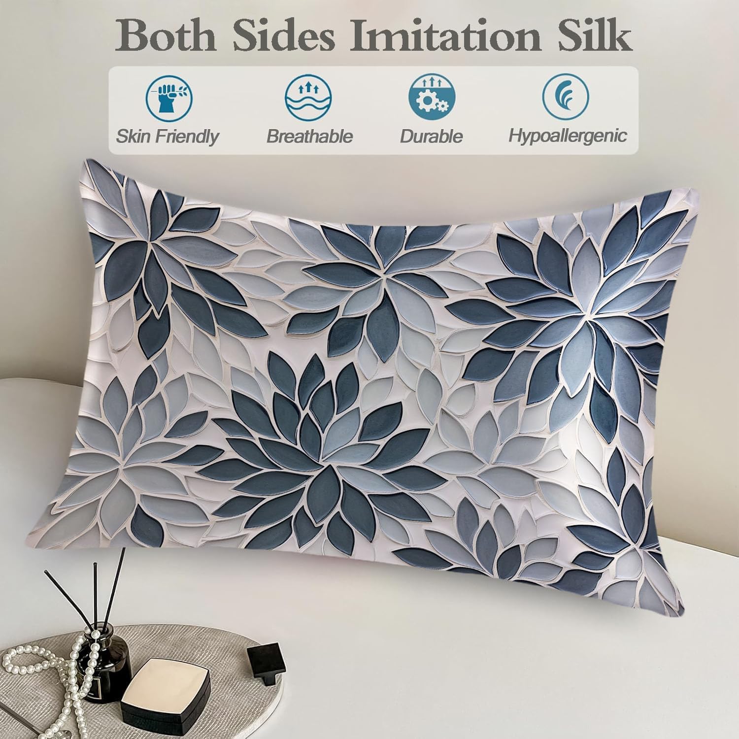 Satin Pillowcase for Hair and Skin Abstract Modern Blue-Gray Floral Super Soft and Cooling Similar to Silk Pillow Case 1 Pack with Hidden…