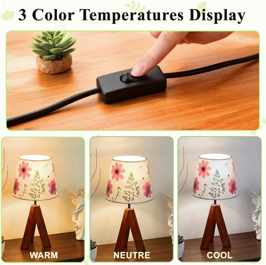 Dried Flowers Tripod Table Lamp 14.17in, 9W LED 3-Color Cute Bedside Lamp with Flowers Linen Lampshade for Nursery, Bedroom, Kid Room…