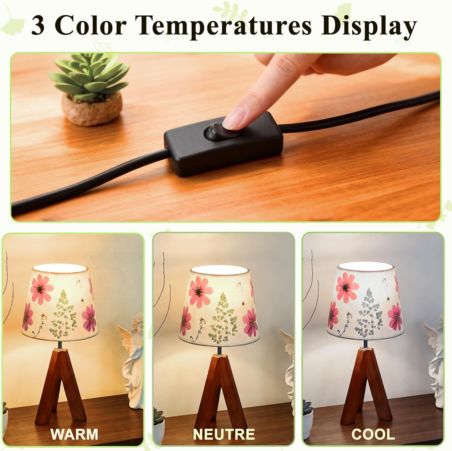 Dried Flowers Tripod Table Lamp 14.17in, 9W LED 3-Color Cute Bedside Lamp with Flowers Linen Lampshade for Nursery, Bedroom, Kid Room…
