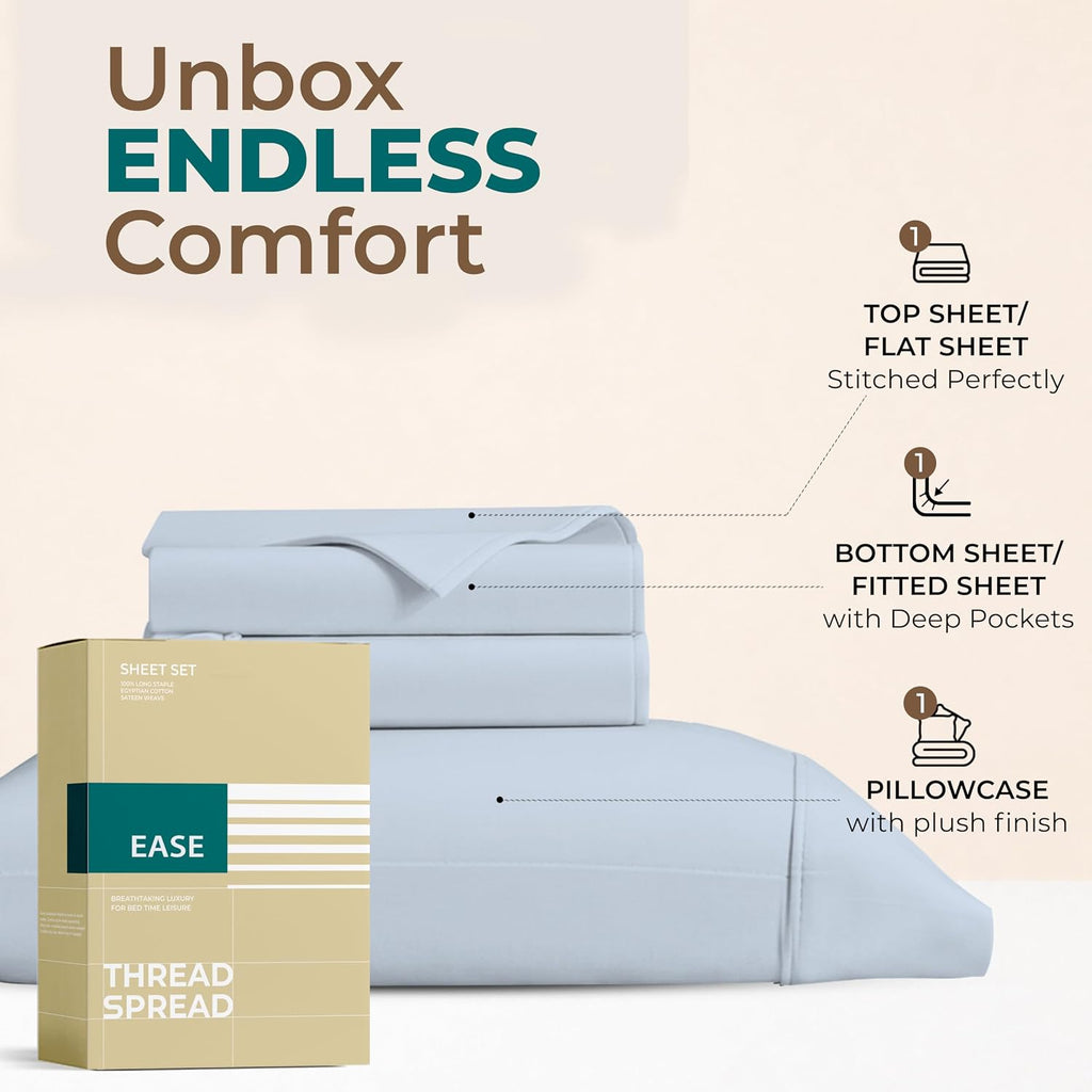 THREAD SPREAD Egyptian Cotton Twin XL Sheet Set – 300 Series 16" Deep Pocket Extra Long Twin Sheets for Dorm Room (4 PC, Light Blue)…