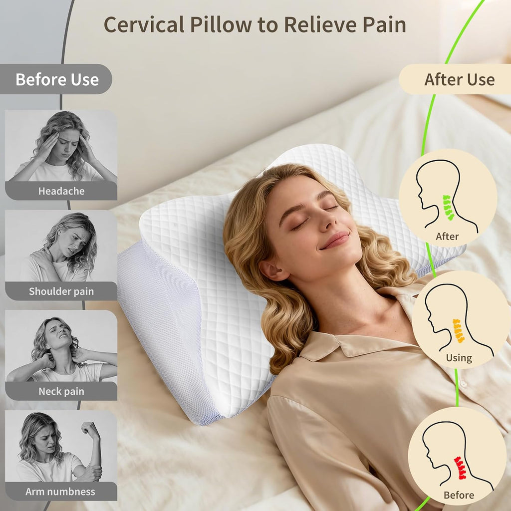 Roowana Cervical Neck Pillow for Neck Pain, Memory Foam Orthopedic Pillow with Contoured Design, Neck Support Pillows with Two Height Optio…
