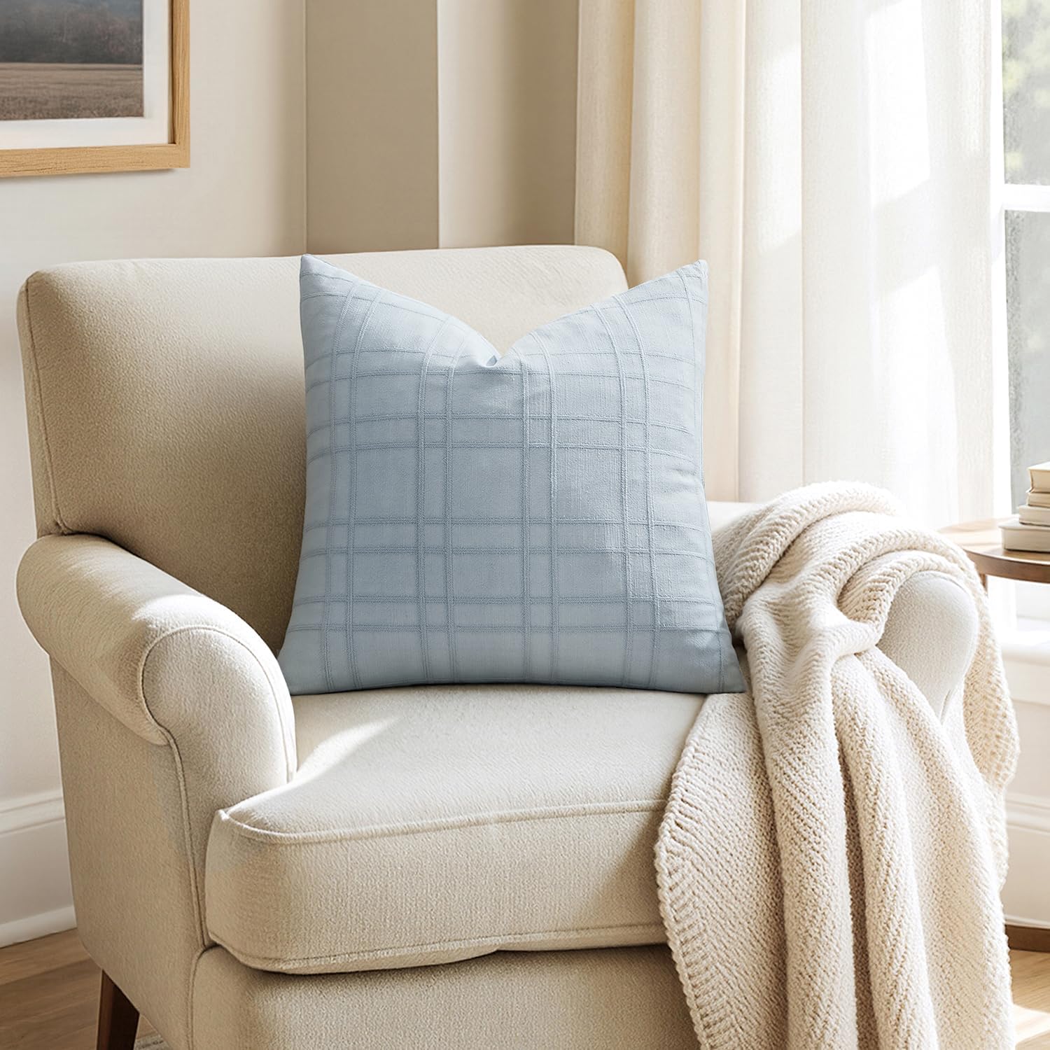 Miulee Decorative Linen Check Throw Pillow Covers Neutral Farmhouse Vintage Pillow Covers 18x18 Set of 2 Boho Modern Home Decor for Sofa Co…