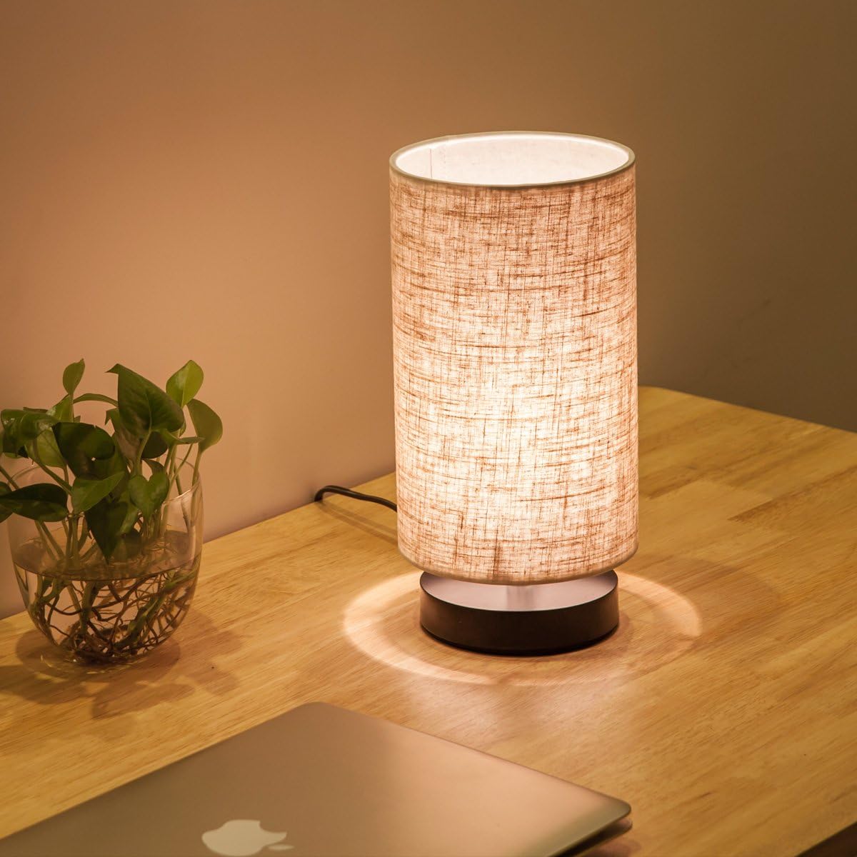 lifeholder Table Lamp, Bedside Nightstand Lamp, Simple Desk Lamp, Fabric Wooden Table Lamp for Bedroom Living Room Office Study, Cylinder…