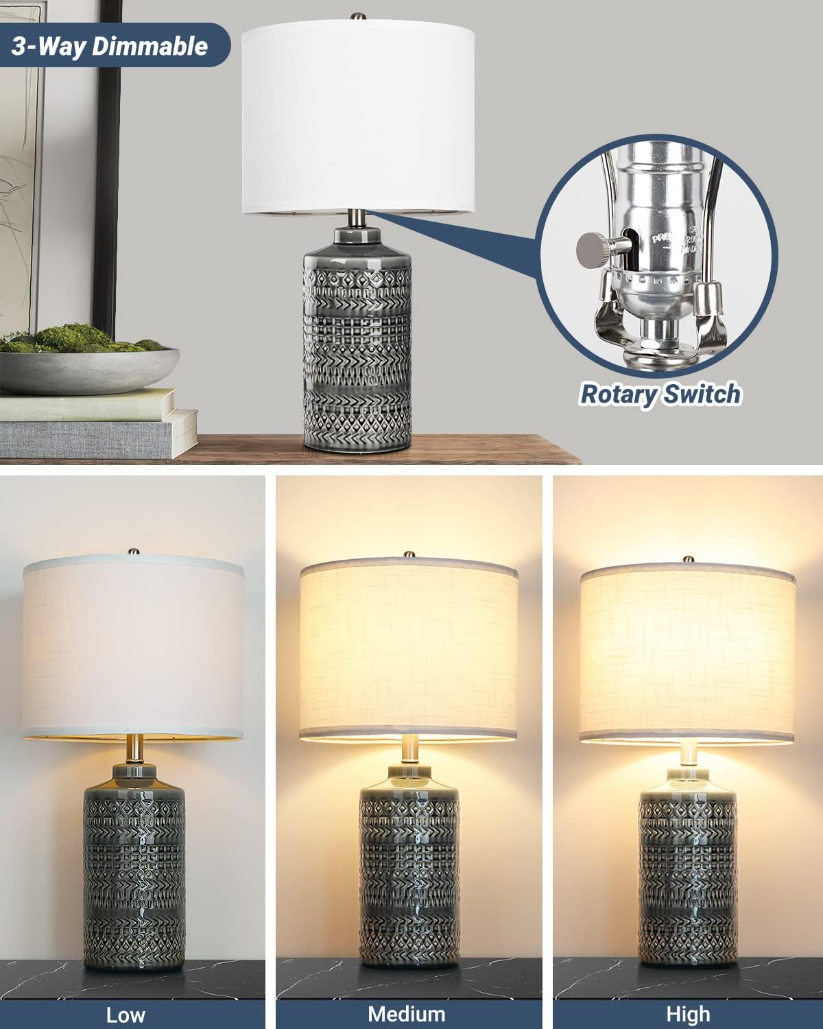 Modern Ceramic Table Lamp, 24.5" Living Room Lamps 3-Way Dimmable Gray Nightstand Lamp with White Shade|Tall Bedside Lamp Desk Decor…