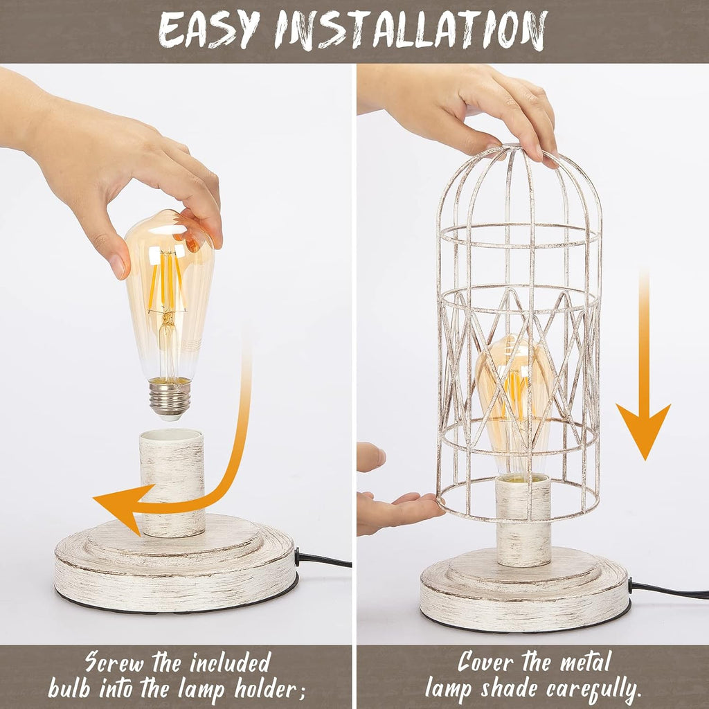 Small Table Lamp, Touch Control Table Lamp with Brushed White Oak Cage, Farmhouse Bedside Lamp 3-way Dimmable Nightstand Lamp Edison Lamp…