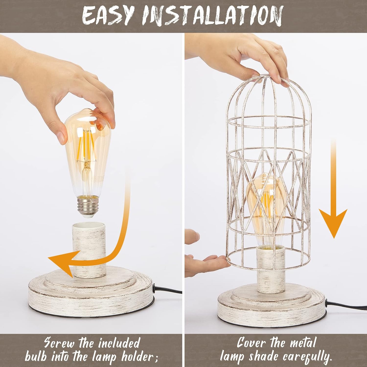 Small Table Lamp, Touch Control Table Lamp with Brushed White Oak Cage, Farmhouse Bedside Lamp 3-way Dimmable Nightstand Lamp Edison Lamp…