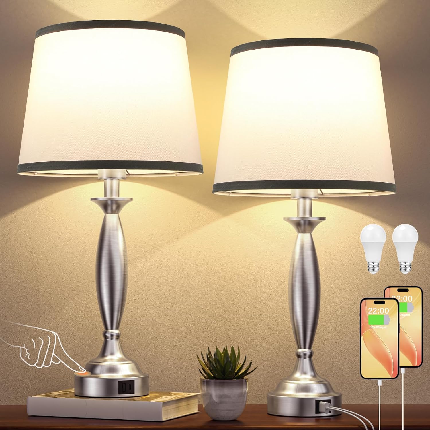 Seealle Touch Bedside Lamps for Nightstand Set of 2 - Bedroom Lamps with USB C+A, 3 Way Dimmable Nightstand Lamps, Brushed Nickel Table…