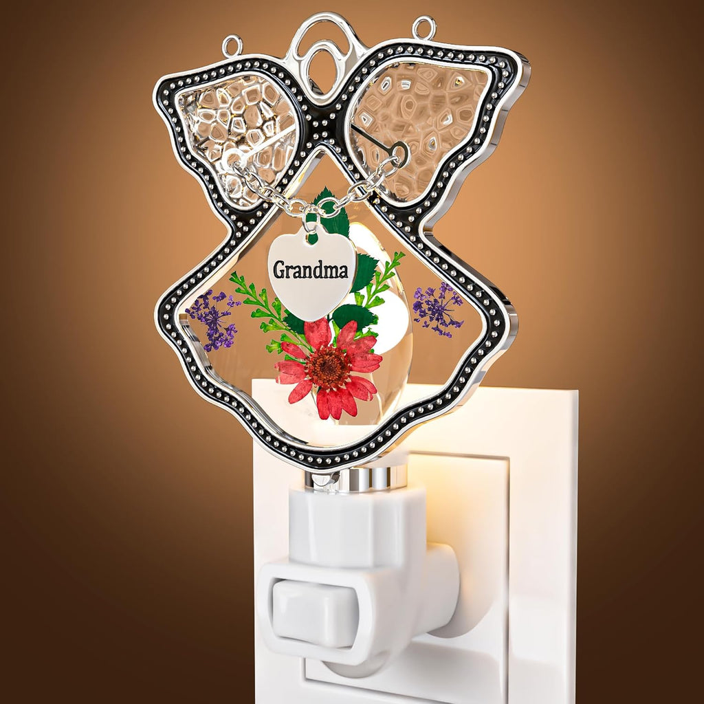 KY&BOSAM Night Light Grandma Stained Glass Angel Night Lights Plug Into Wall with Real Flower in Glass and Metal Charm Night Light for…