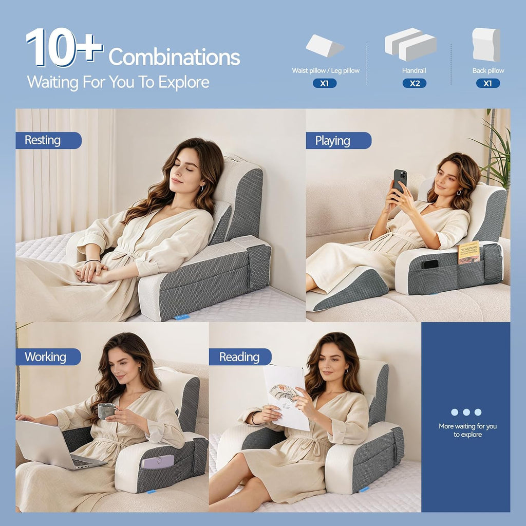 Kayfia Reading Pillow, 10 in 1 Back Pillow for Bed Sitting up with Detachable Arms Rest, Back Rest Pillow with Gel Memory Foam, for…