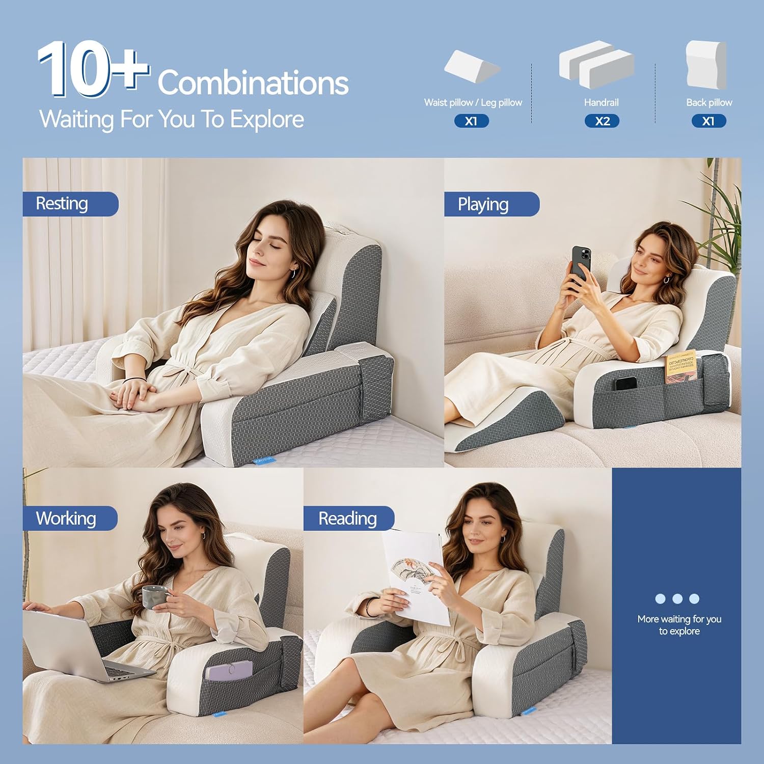 Kayfia Reading Pillow, 10 in 1 Back Pillow for Bed Sitting up with Detachable Arms Rest, Back Rest Pillow with Gel Memory Foam, for…