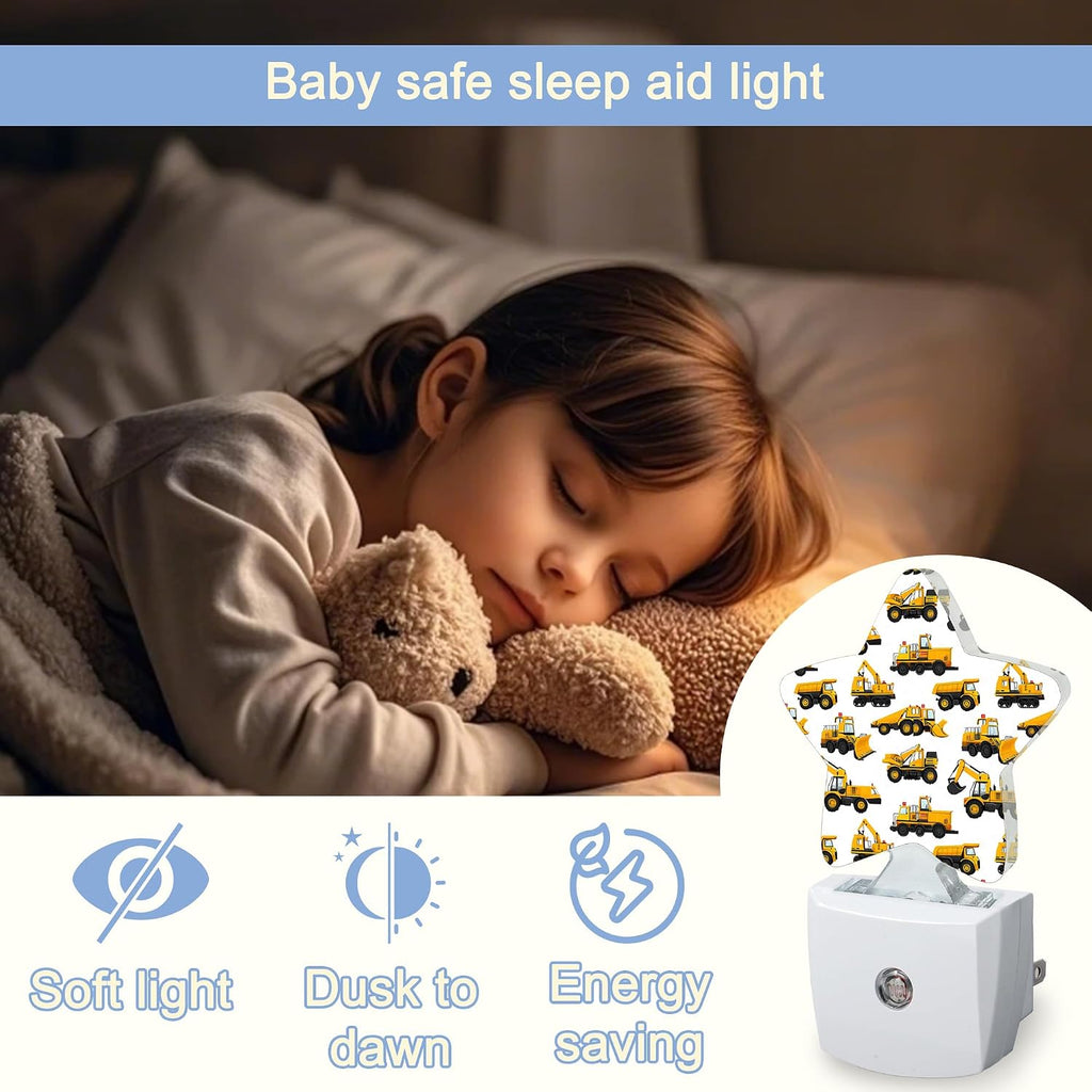 Snowmolle Yellow Cartoon Truck Dusk to Dawn Star Night Light, Construction Smart Sensor Nightlight for Bedroom Kitchen Hallway Stairs, Plug-i…