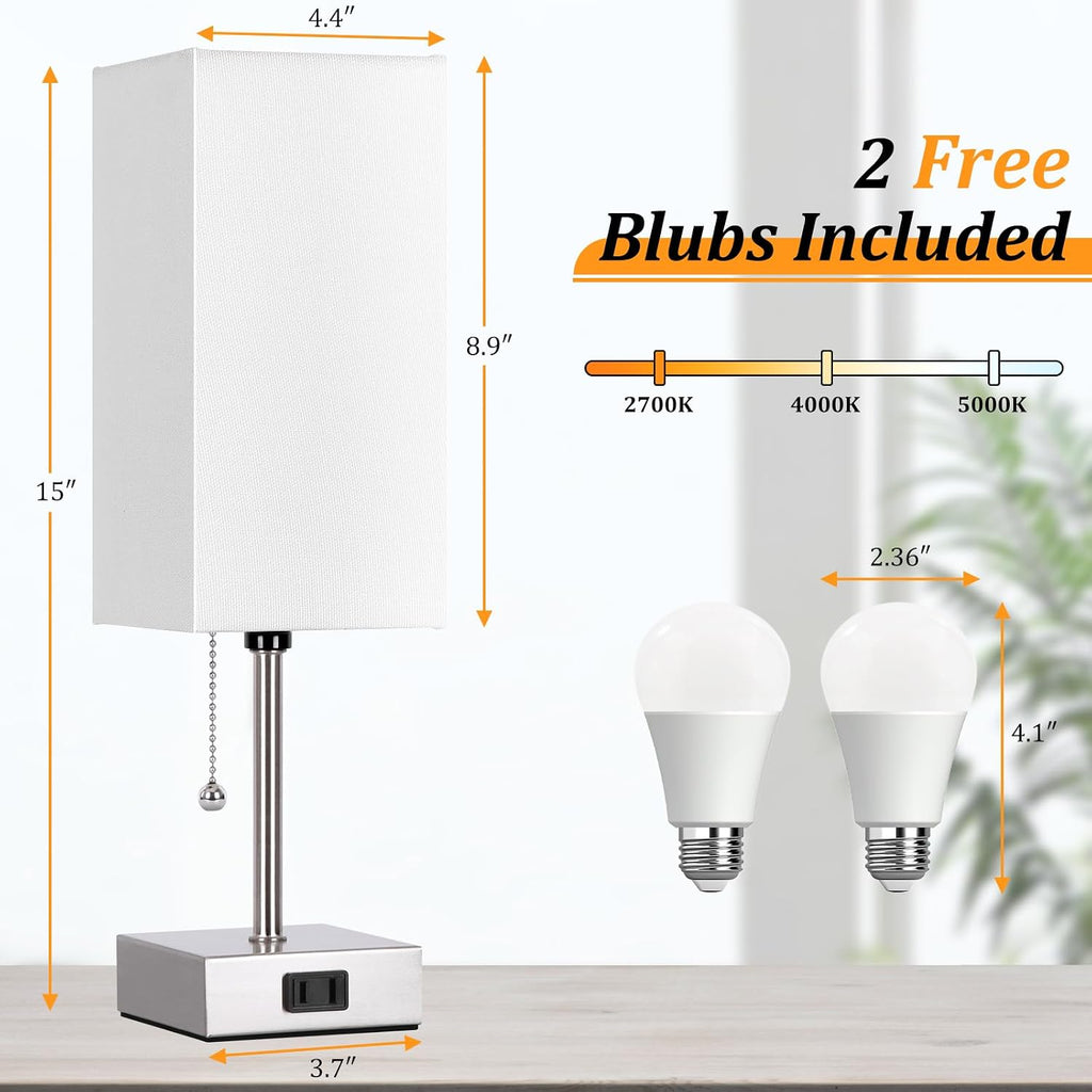 Dott Arts Touch Control Bedside Lamp, 3 Way Dimmable Nightstand Lamp with 2 USB Ports & AC Outlet, Modern Style, White Fabric Shade