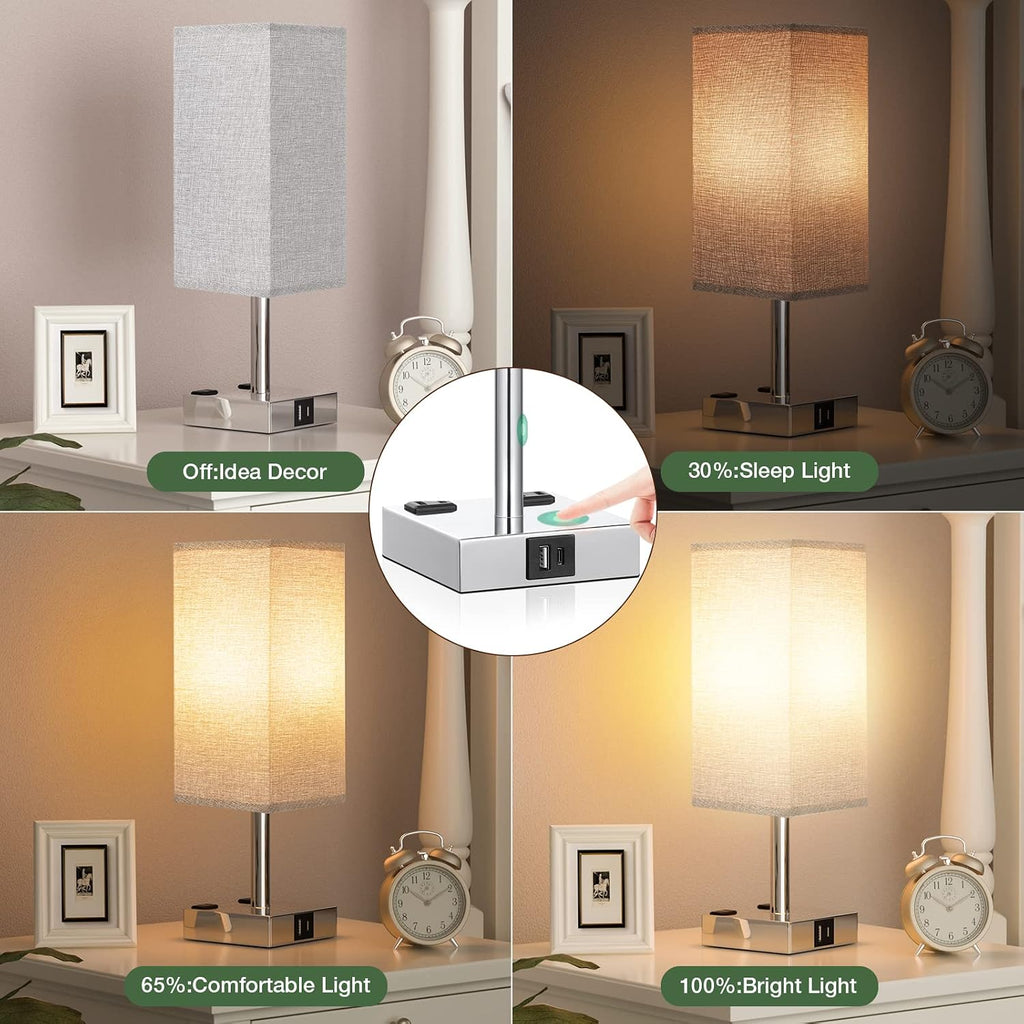 aooshine Gray Set of 2 Touch Lamps with USB Port Nightstand Lamp with USB-C+A Charge Ports & AC Outlets, 3-Way Dimmable Bedside Lamp…