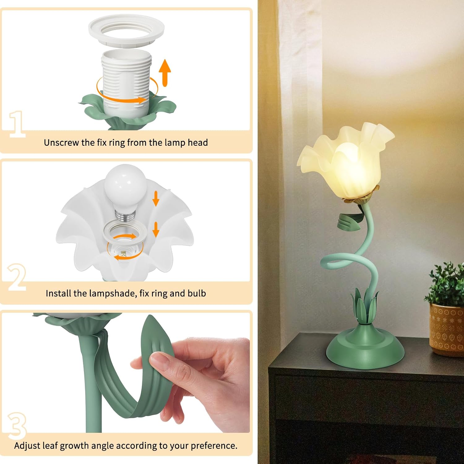 Cute Flower Desk Lamp, 3 Color Temperature Table Lamp with LED Bulb, Vintage Bedside Lamps, Reading Lamps with Soft Light for Bedroom…