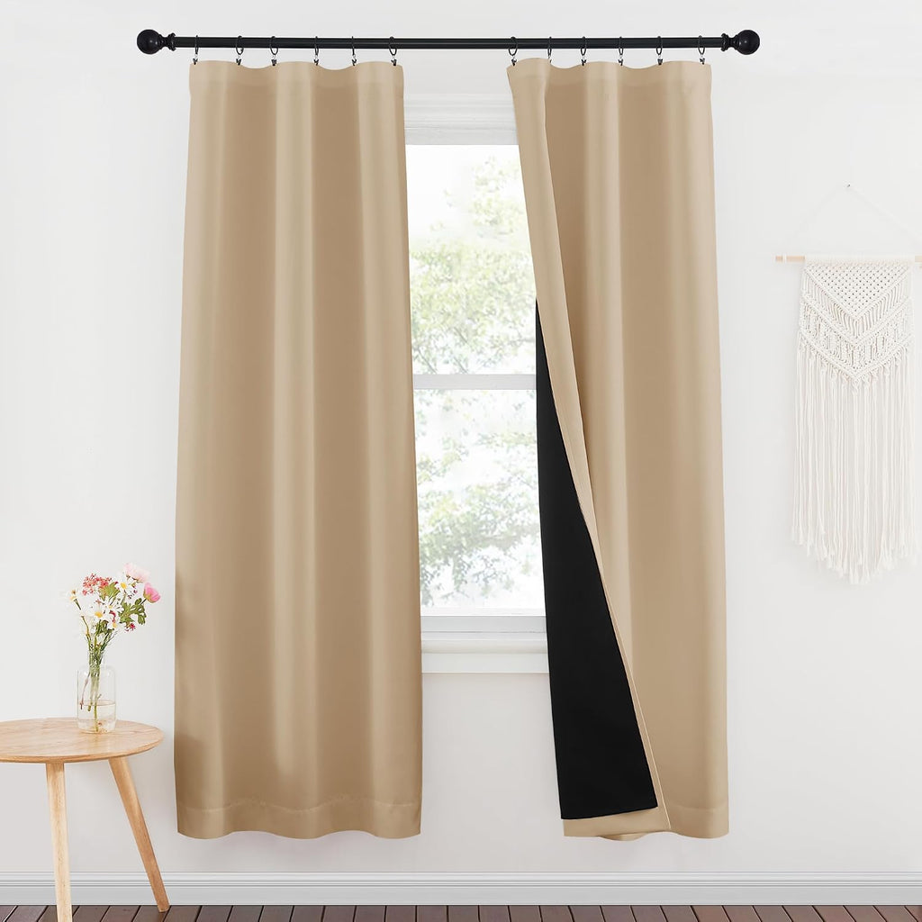 Nicetown 100% Blackout Window Curtains, Rod Pocket Full Light Blocking Drapes with Black Liner for Nursery, 72 inches Drop Thermal Insulate…