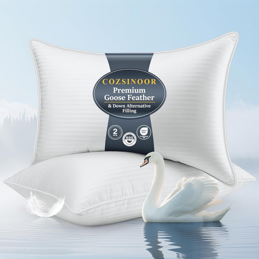 Cozsinoorbedding COZSINOOR Goose Feather Pillows Queen Size Set of 2 - Hotel Down Bed Pillow for Sleeping, Soft 600 TC Cotton Cover, Fluffy…