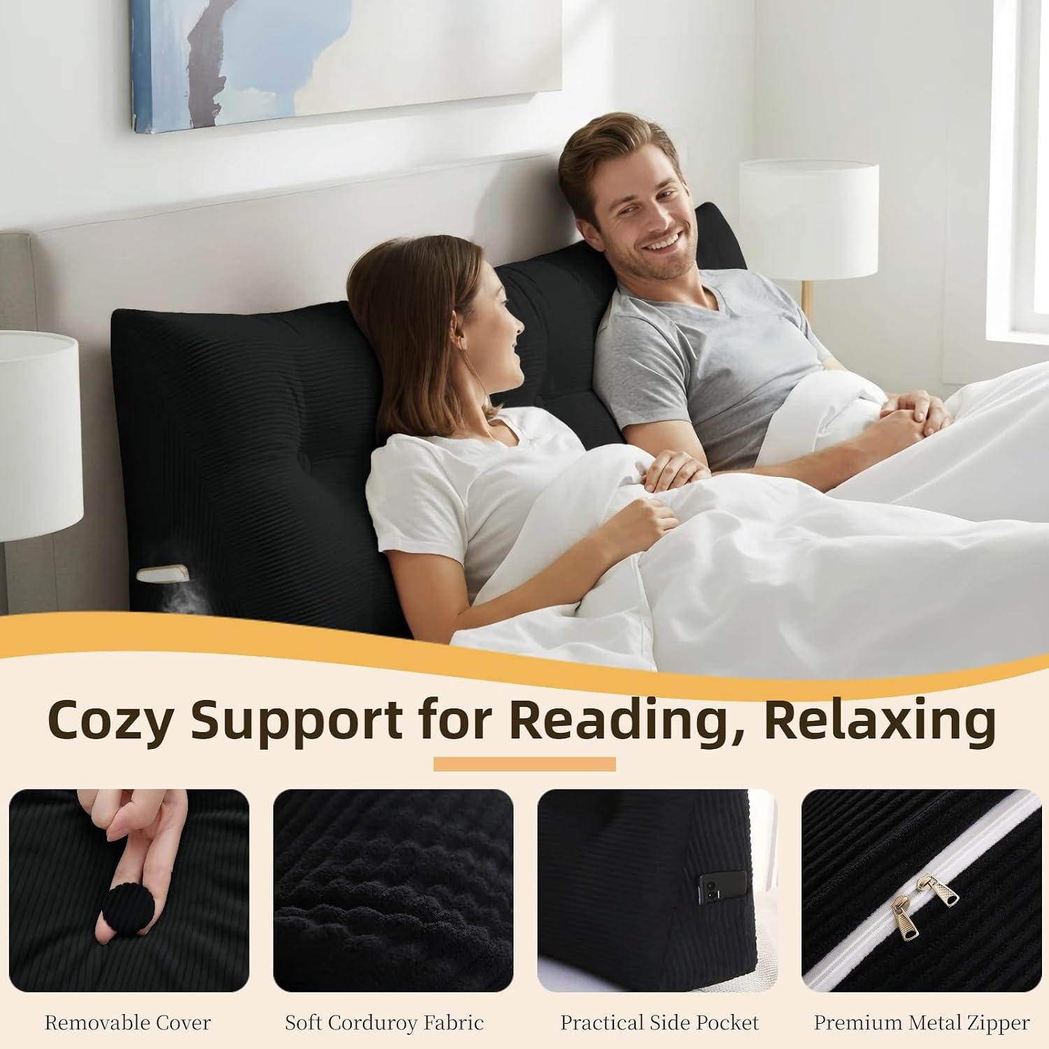 Wedge Reading Pillow Headboard Queen Size, Headboard Bolster Pillow for Bed, Triangular Backrest Cushion with Removable Corduroy Cover…