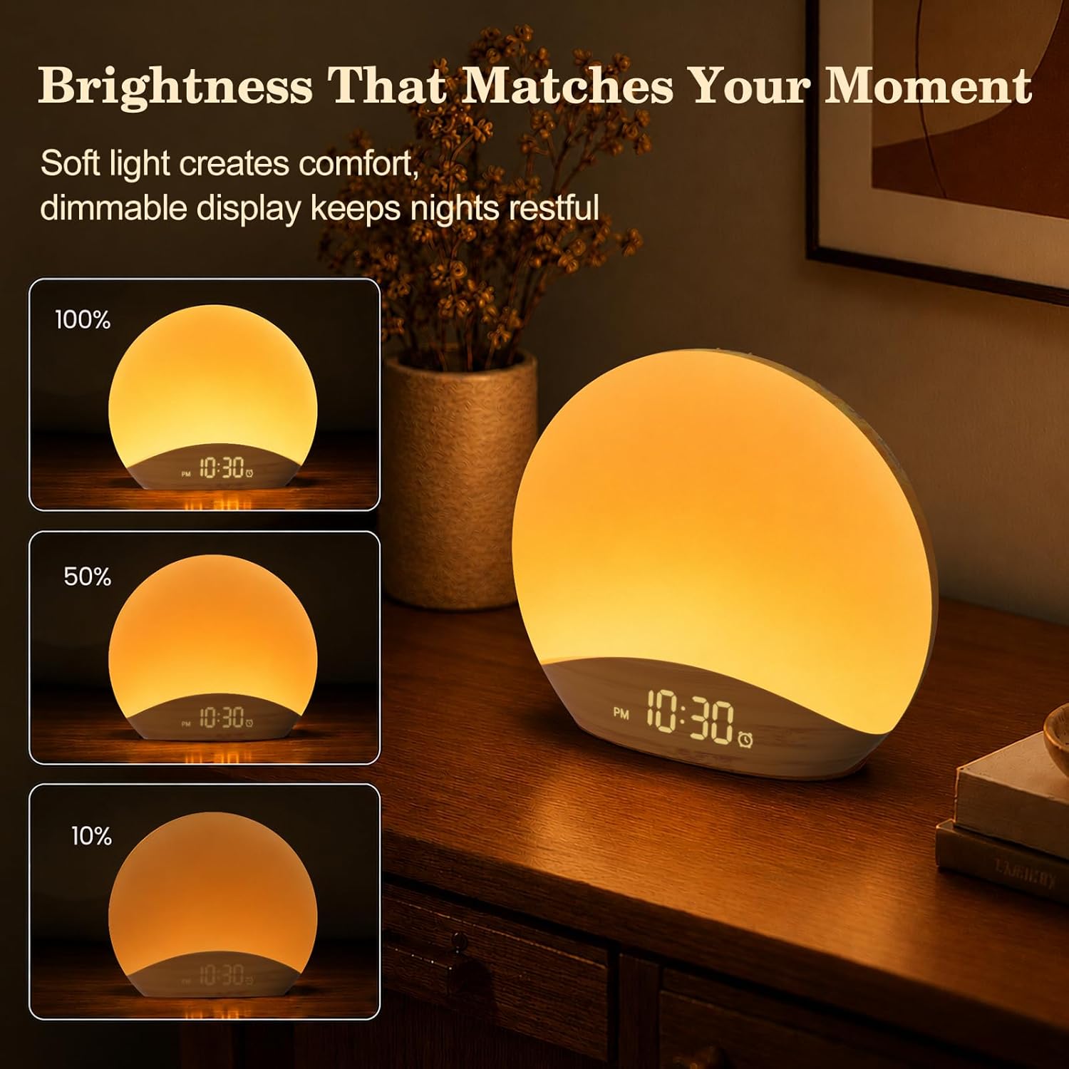 REACHER Wood Grain Sunrise Alarm Clock and Sound Machine Nightlight, Digital Dimmable Clock for Bedroom, 26 Sleep Sounds, White Noise…