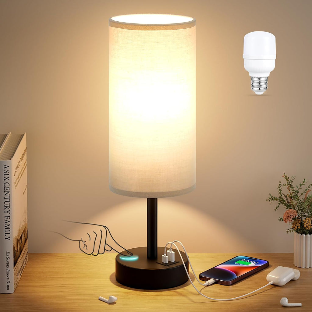 Dicoool Grey Touch Bedside Lamp with USB - 3 Way Dimmable Table Lamp for Bedroom, Nightstand Lamp with Black Charging Station for Desk…