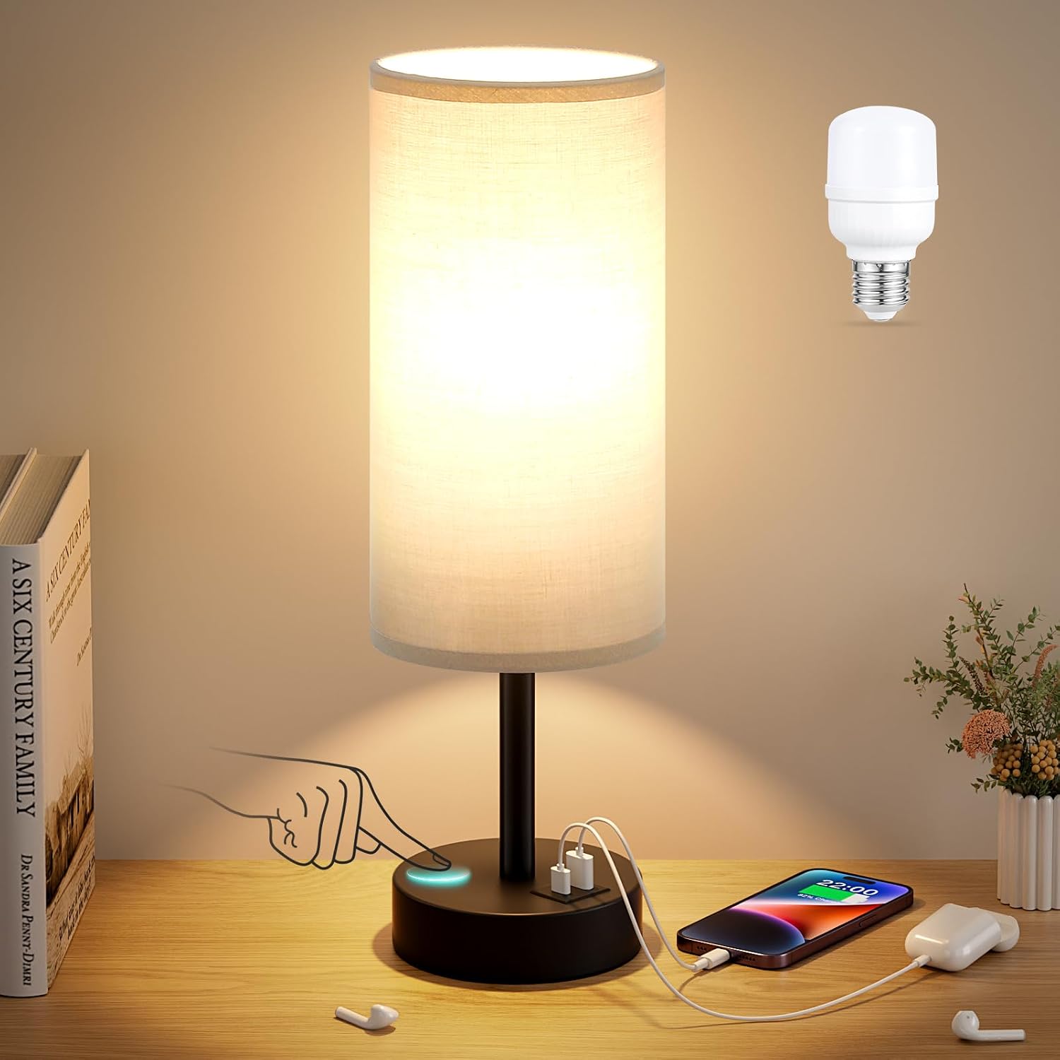 Dicoool Grey Touch Bedside Lamp with USB - 3 Way Dimmable Table Lamp for Bedroom, Nightstand Lamp with Black Charging Station for Desk…