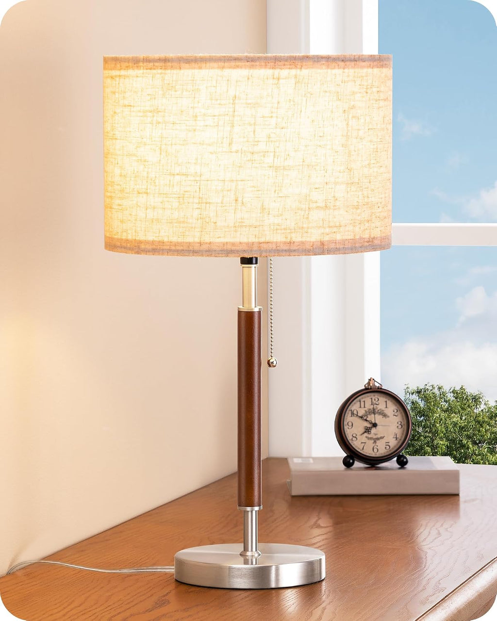 EDISHINE Mid Century Table Lamp, Solid Wood and Metal Bedside Lamp with Pull Chain Switch & Beige Linen Shade, Retro Nightstand Lamp for…