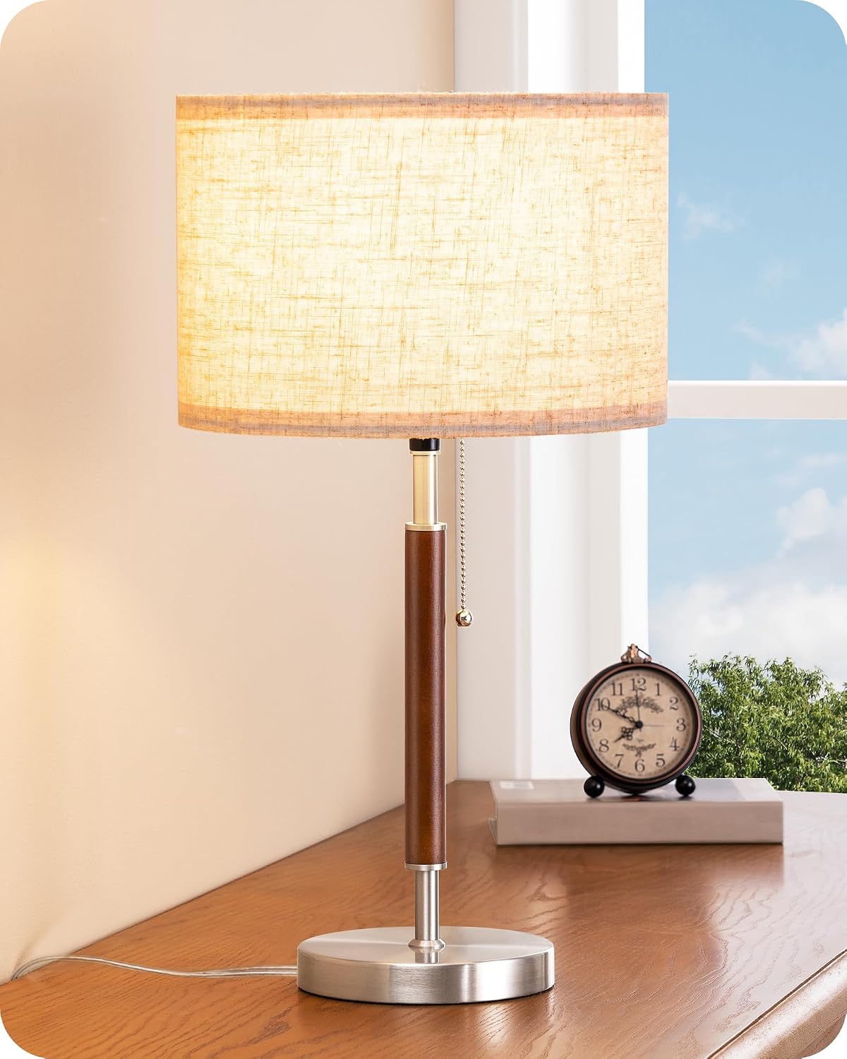 EDISHINE Mid Century Table Lamp, Solid Wood and Metal Bedside Lamp with Pull Chain Switch & Beige Linen Shade, Retro Nightstand Lamp for…