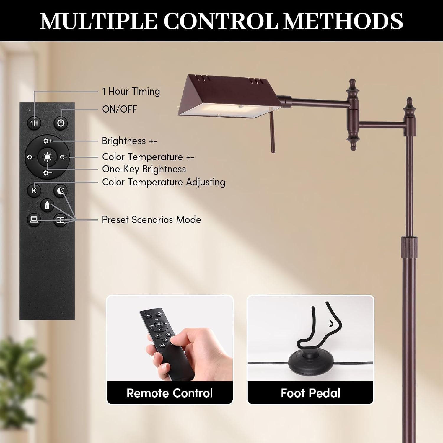 Dimmable Pharmacy Floor Lamp with Remote, 17W LED Reading Floor Lamp with 360°Swing Arm, 3 Color Temperature, Height Adjustable Standing…