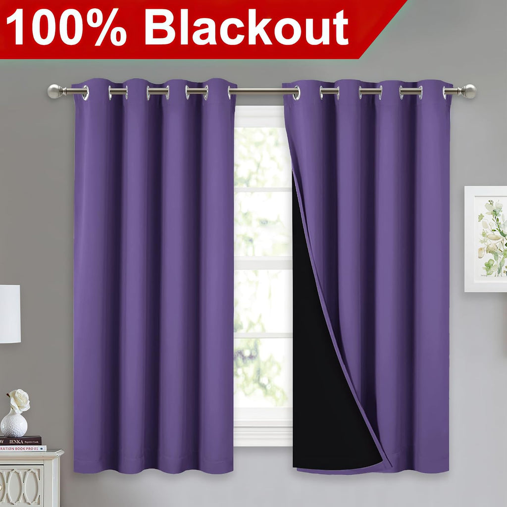 Nicetown 100% Blackout Curtains with Black Liners, Thermal Insulated Full Blackout 2-Layer Lined Drapes, Noise Cancellation Window Drapes f…