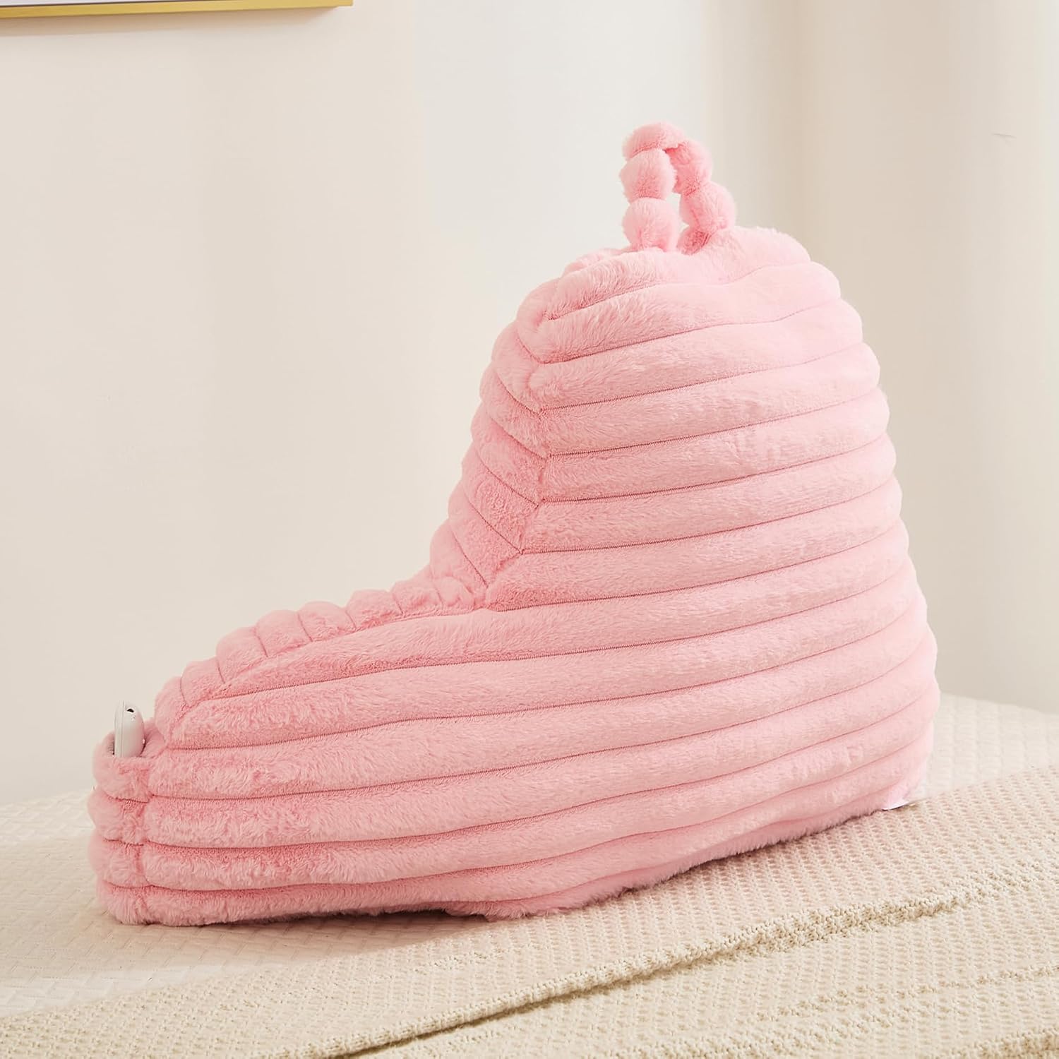 Memfydu Faux Fur Fluffy Pink Reading Pillow with Pockets, Luxury Striped Plush Decorative, Arm Rests and Back Support for Bed Rest, Loungin…