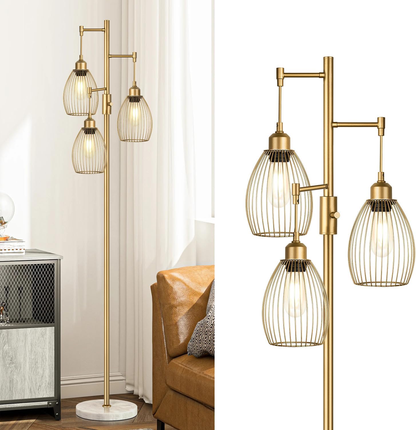 Torondo Dimmable Floor Lamps for Living Room, Industrial Standing Lamp with Marble Base, Gold Tree Tall Pole Light with 3 Elegant…