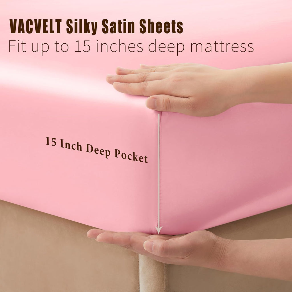 VACVELT 3pcs Pink Satin Sheets Twin Size Bed Set, 15 Inch Deep Pocket Silky Satin Sheet Set, Soft Satin Bedding Set Cooling & Luxury Bed…
