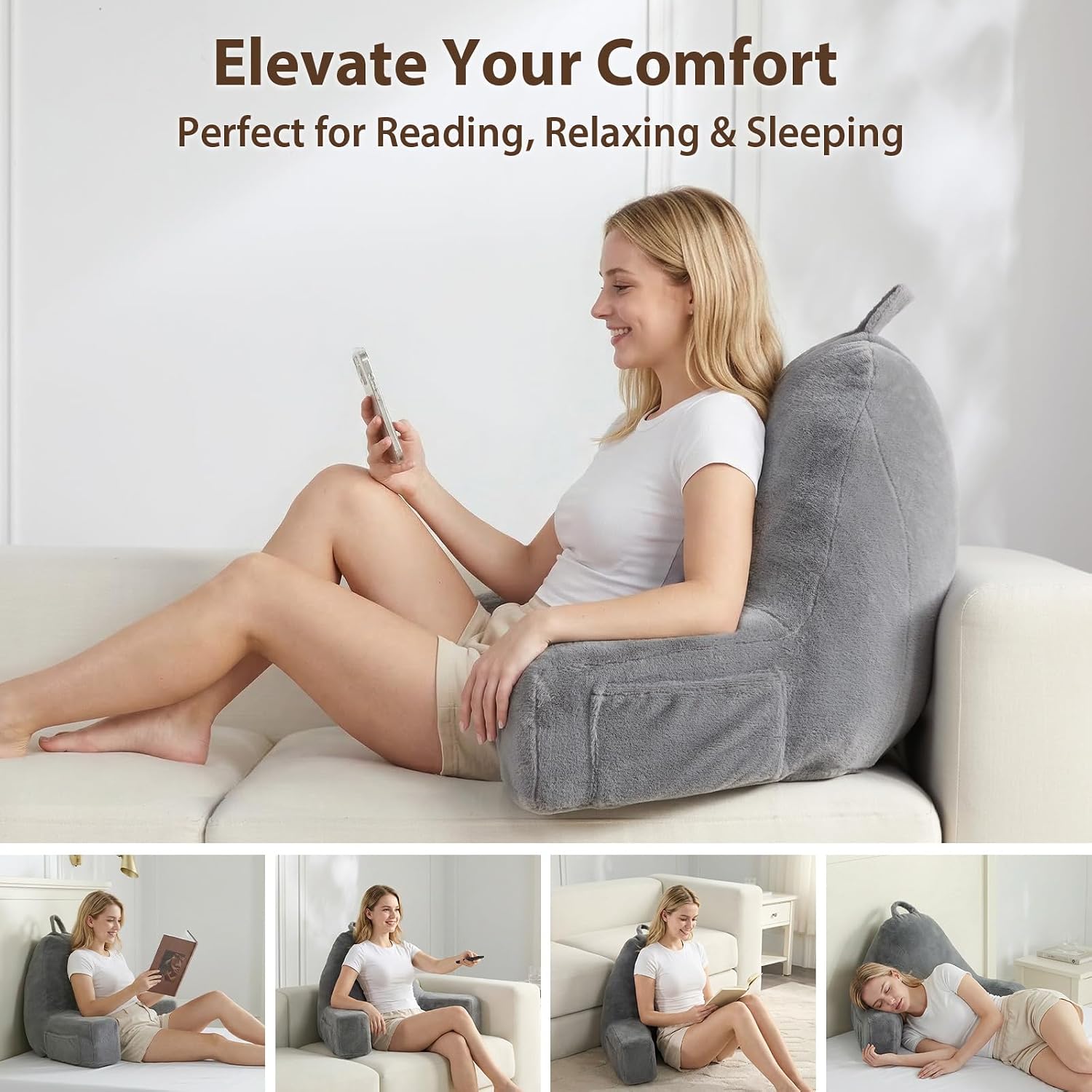Quilmfoam Reading Pillow for Sitting in Bed Adult – Backrest Pillow with Arms, Back Support Cushion for Reading, TV, Gaming & Working, Incl…