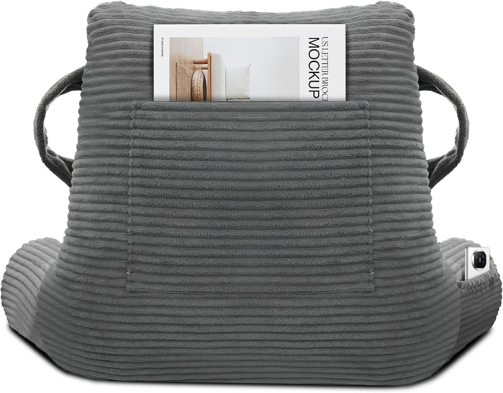Reading Pillow for Sitting in Bed Adult, Bed Reading Pillow with Shredded Memory Foam, Back Pillow for Sitting with Arms and Pockets, Gery