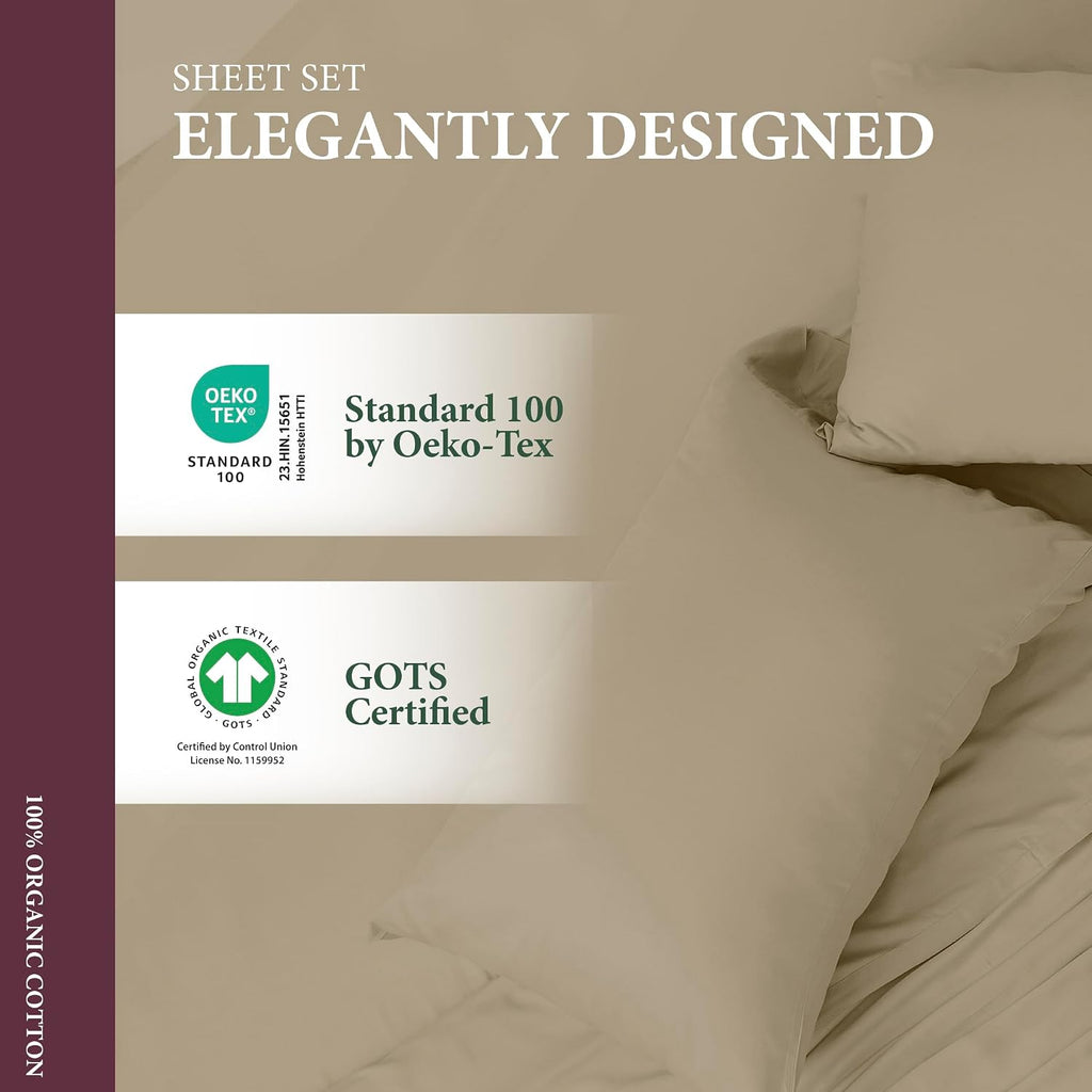 AshtonSheets 100% Organic Cotton Sheets California King Size - Organic Cotton Cal King Size Percale Weave Sheet Set (4 PC, Taupe), Soft, Co…