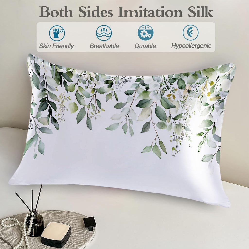 Imitation Silk Pillowcase for Hair and Skin Floral Watercolor Green Branches 1 Pack Satin Queen Pillowcase with Hidden Zipper Cooling…